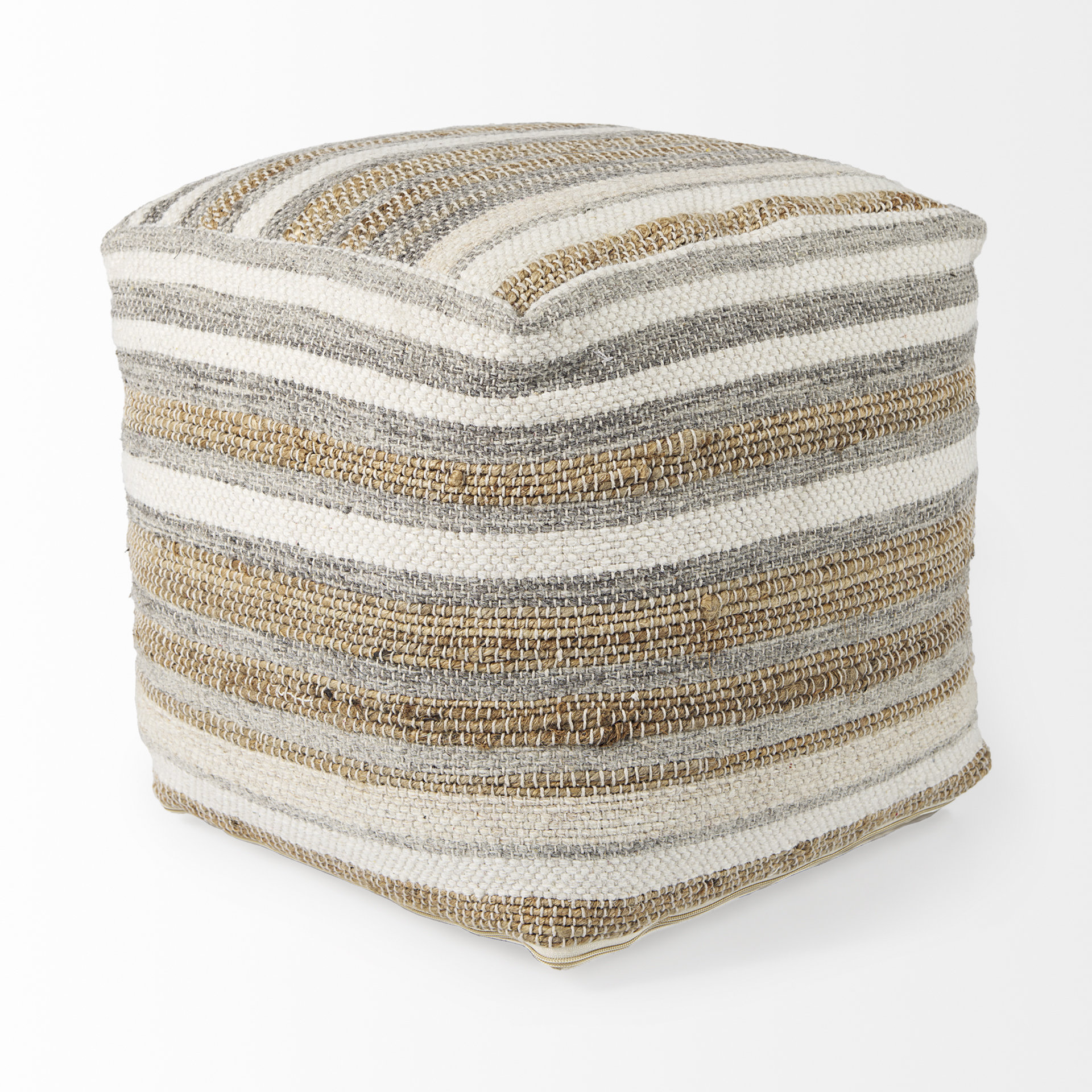 aahana 16.0l x 16.0w x 16.0h white/taupe/gray striped hemp and cotton pouf