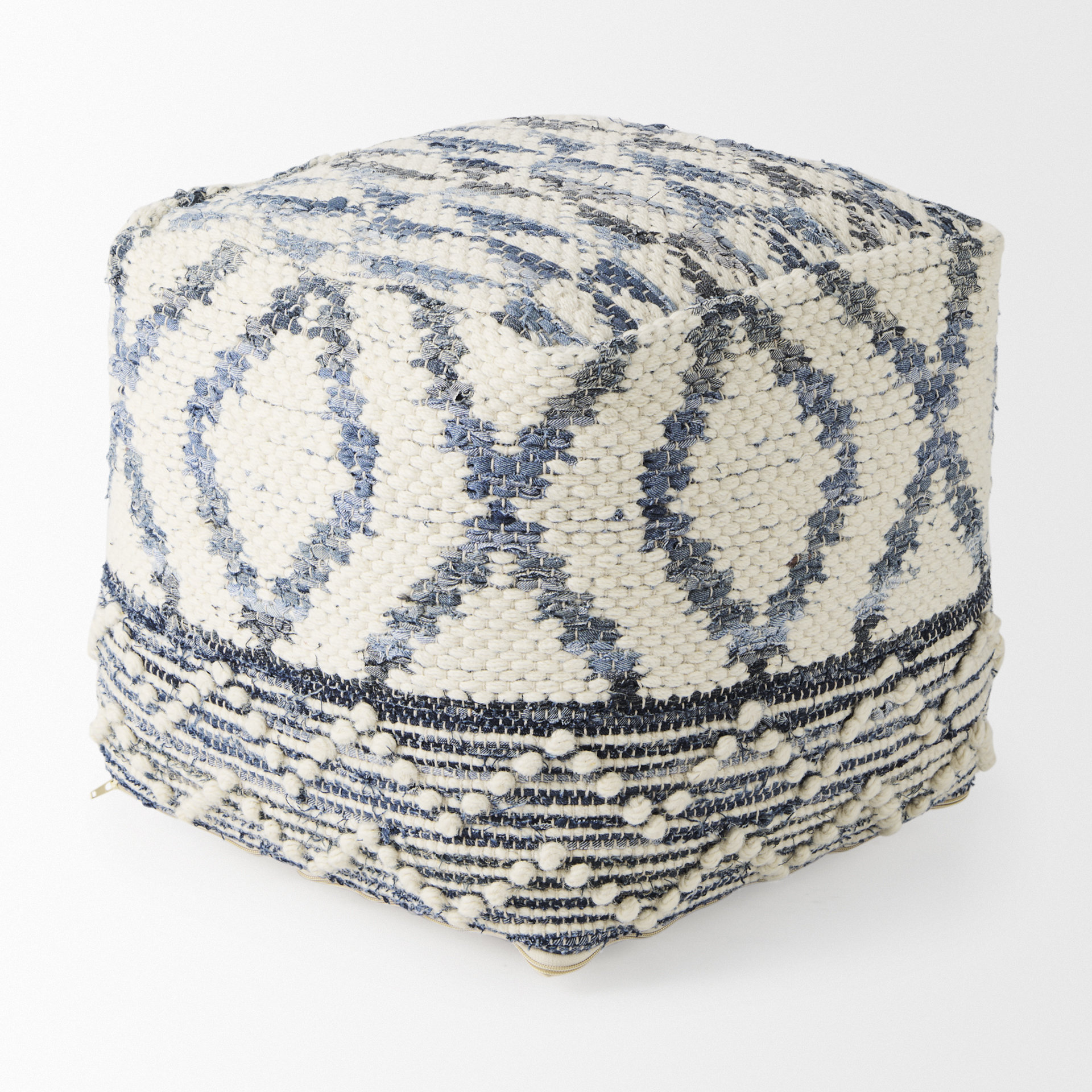 eshana 16.0l x 16.0w x 16.0h cream wool and denim patterned pouf