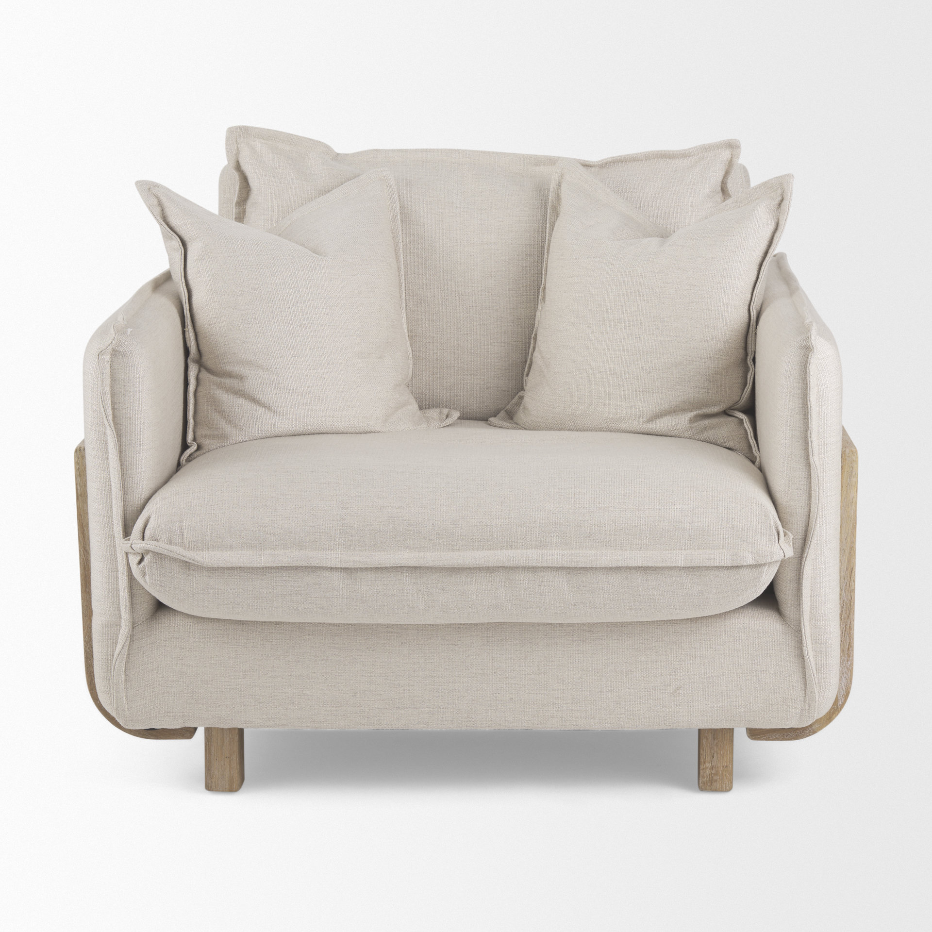 roy ii beige upholstered and brown wood frame arm chair