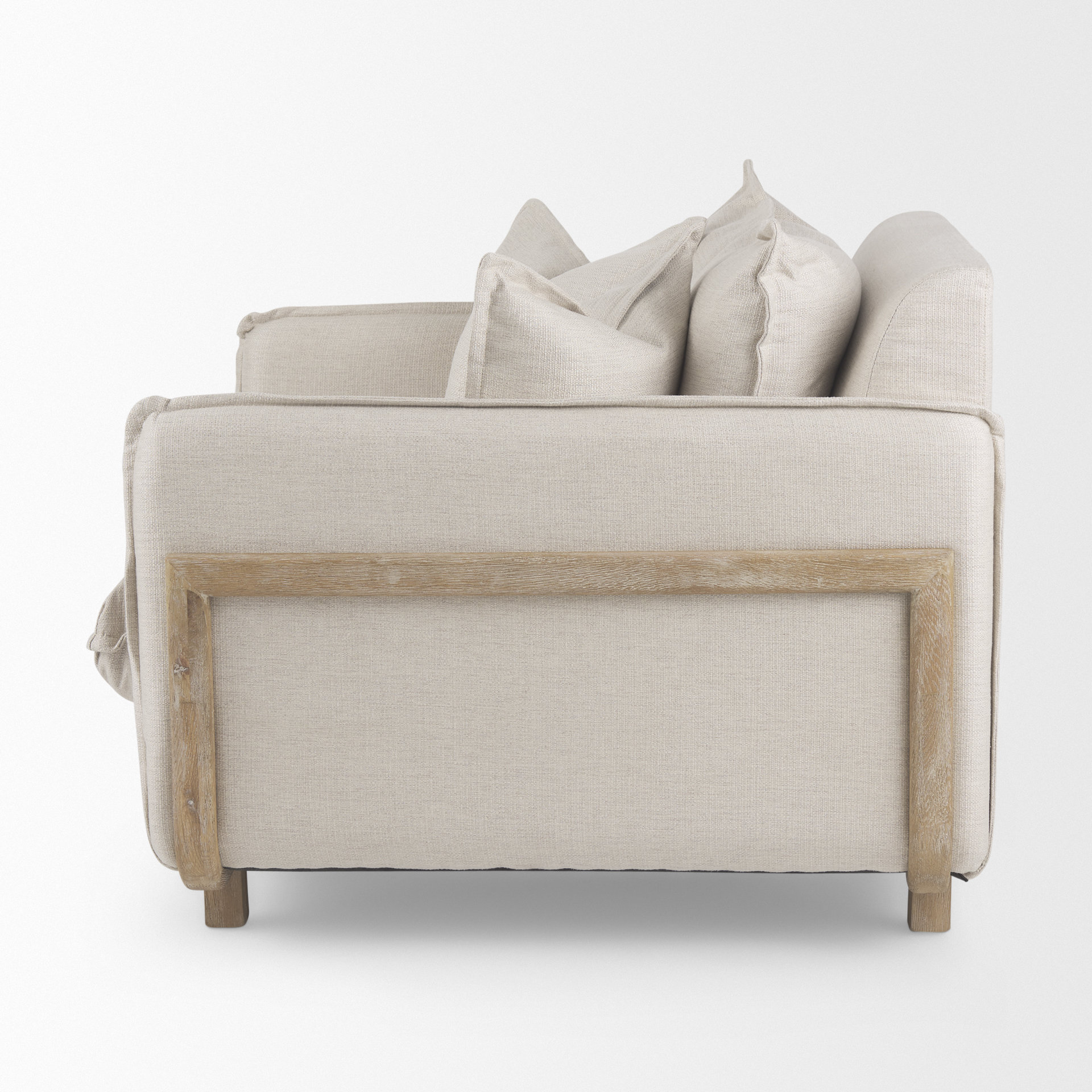 roy ii beige upholstered and brown wood frame arm chair