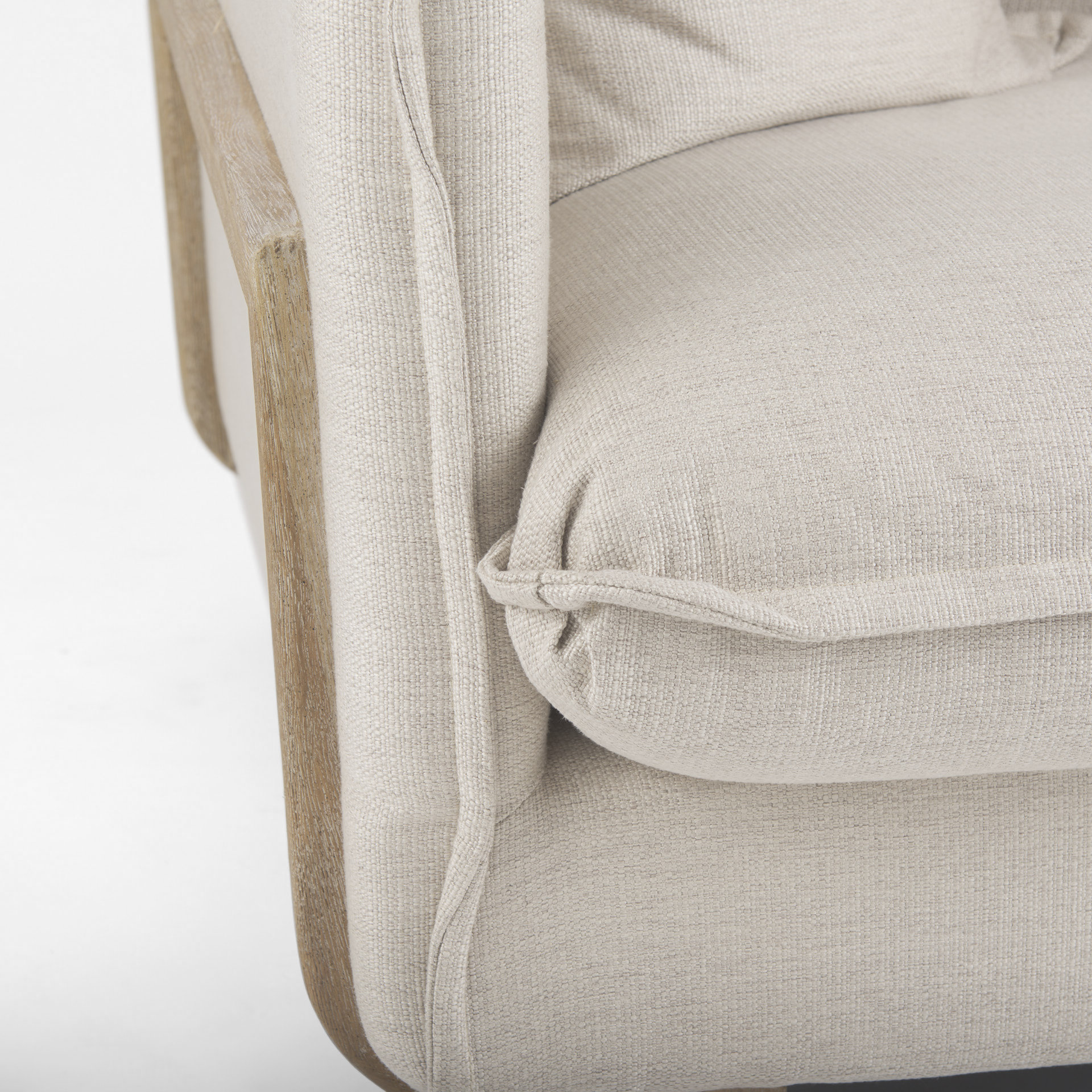 roy ii beige upholstered and brown wood frame arm chair