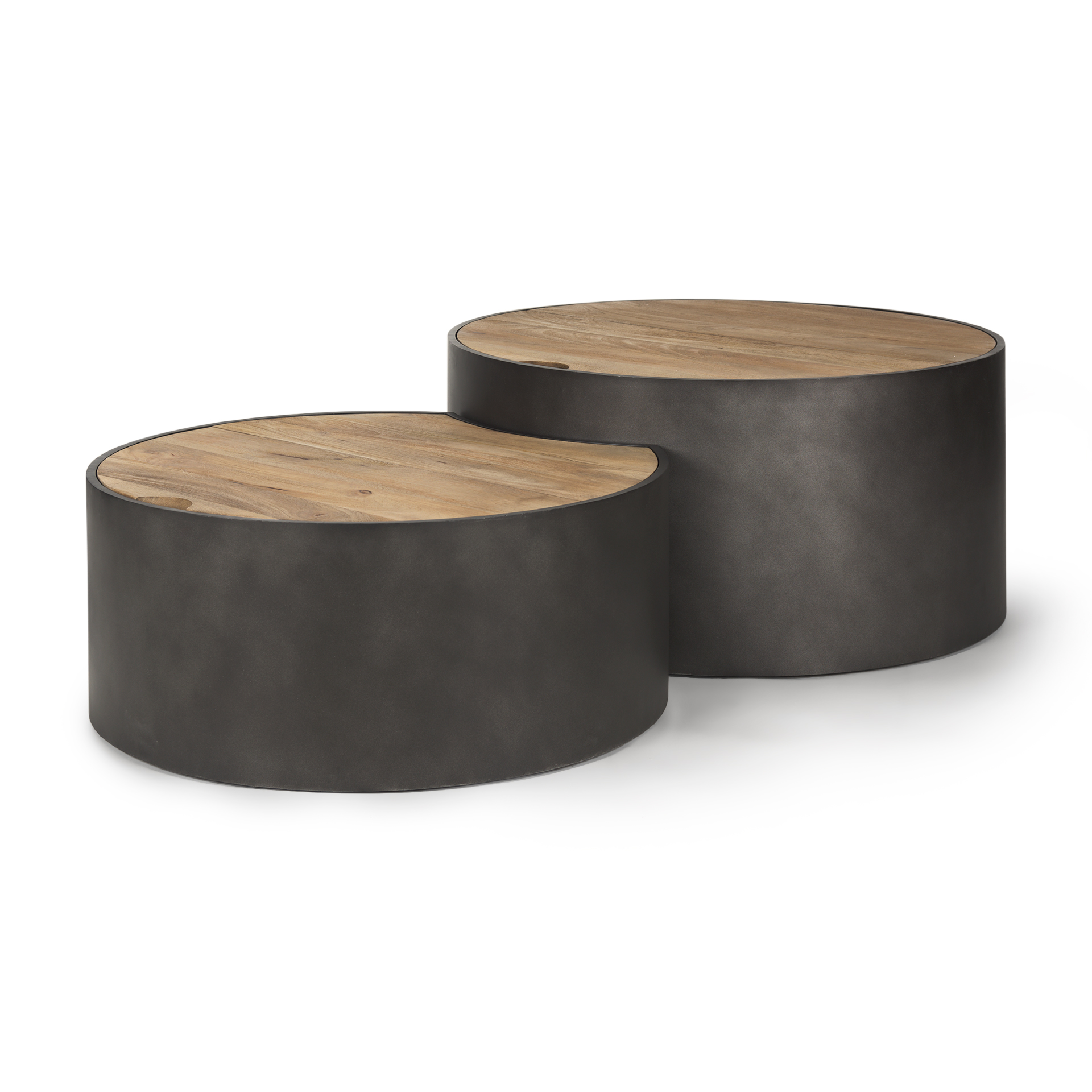 eclipse gunmetal gray drum base w/ brown wood top nested coffee table