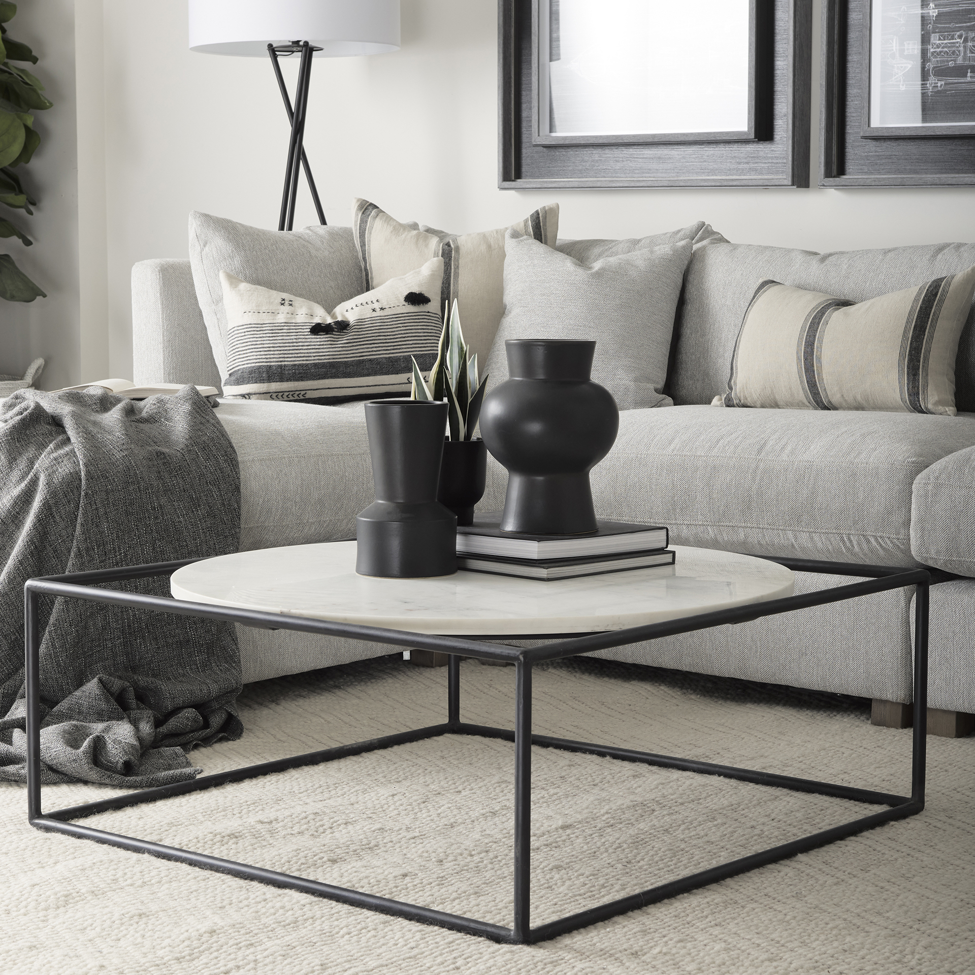 austen 36l x 36w x 14.5h round white marble top w/ black metal frame coffee table