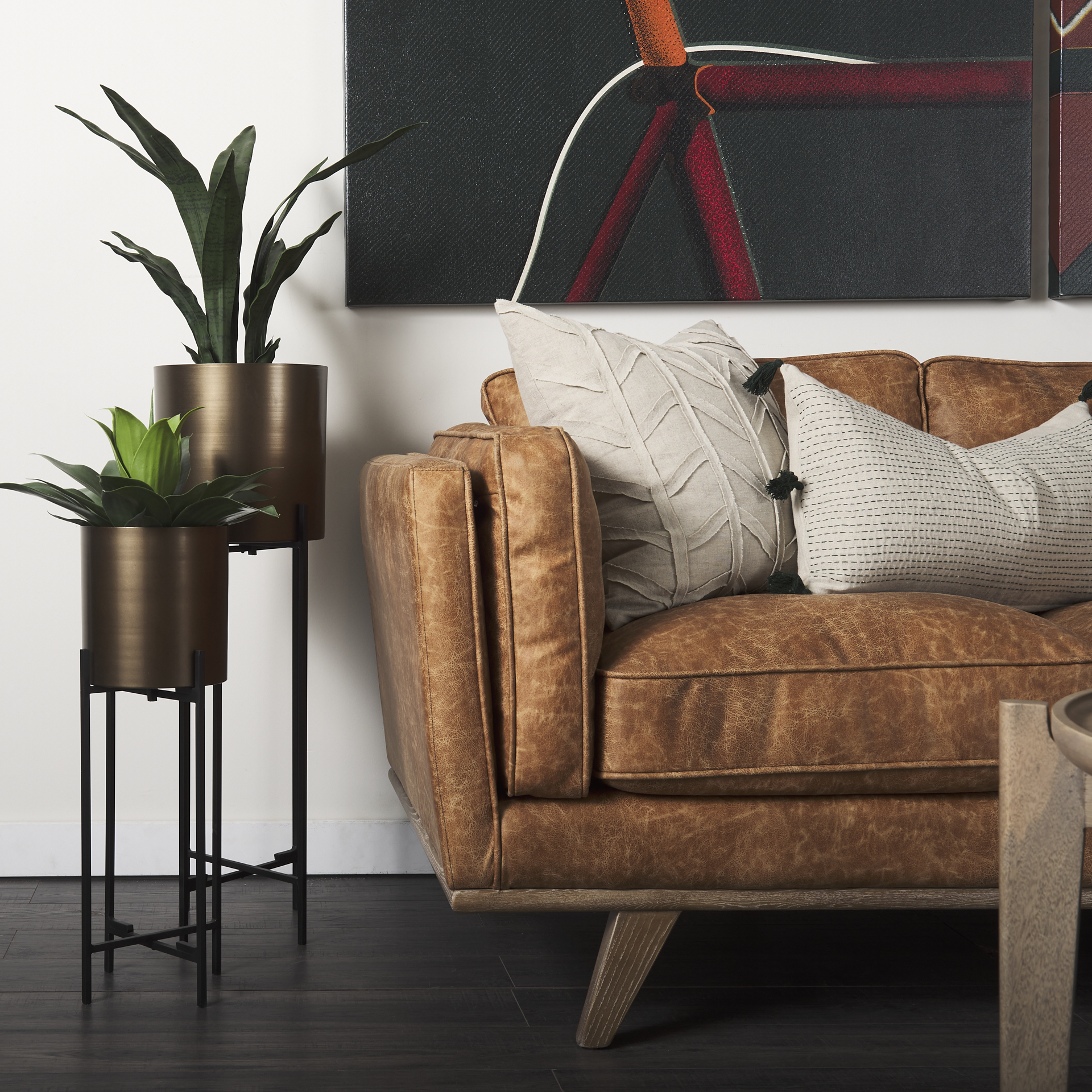 brooks 90.2l x 34.8w x 33.5h cognac brown faux leather three seater sofa w/ medium brown wooden legs