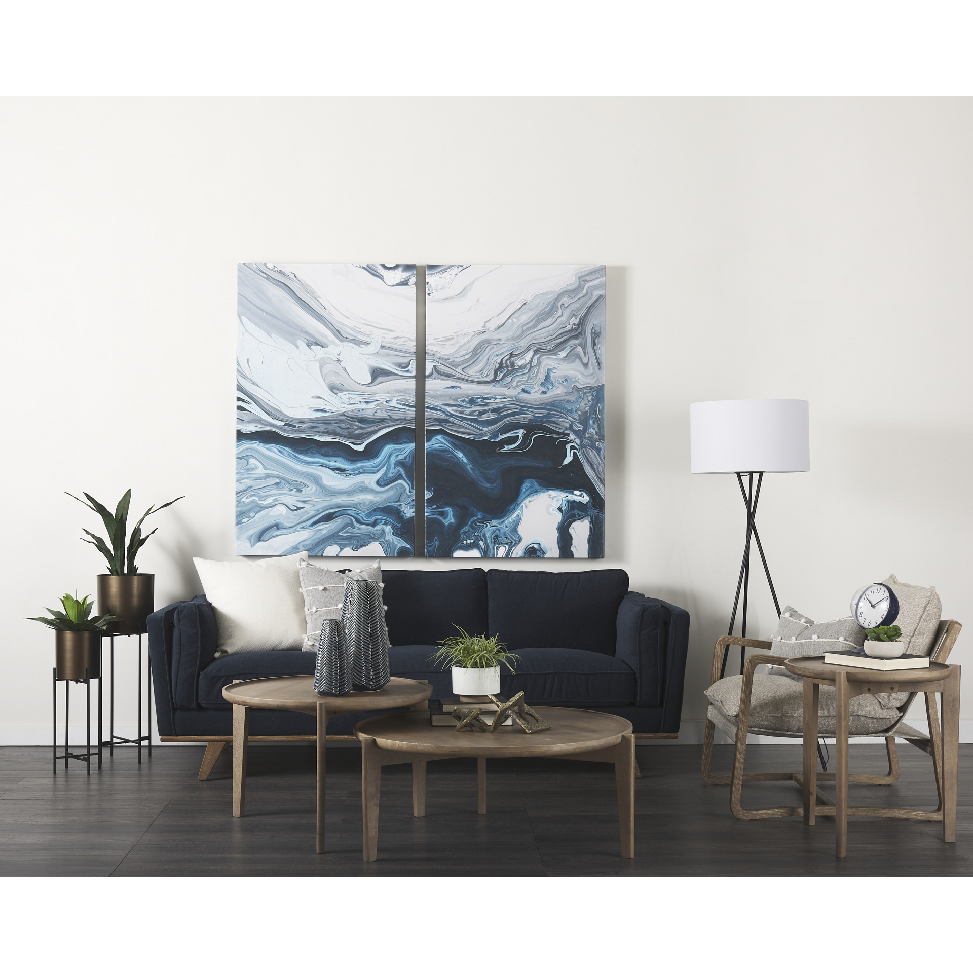 brooks 90.2l x 34.8w x 33.5h navy blue fabric three seater sofa w/ medium brown wooden legs