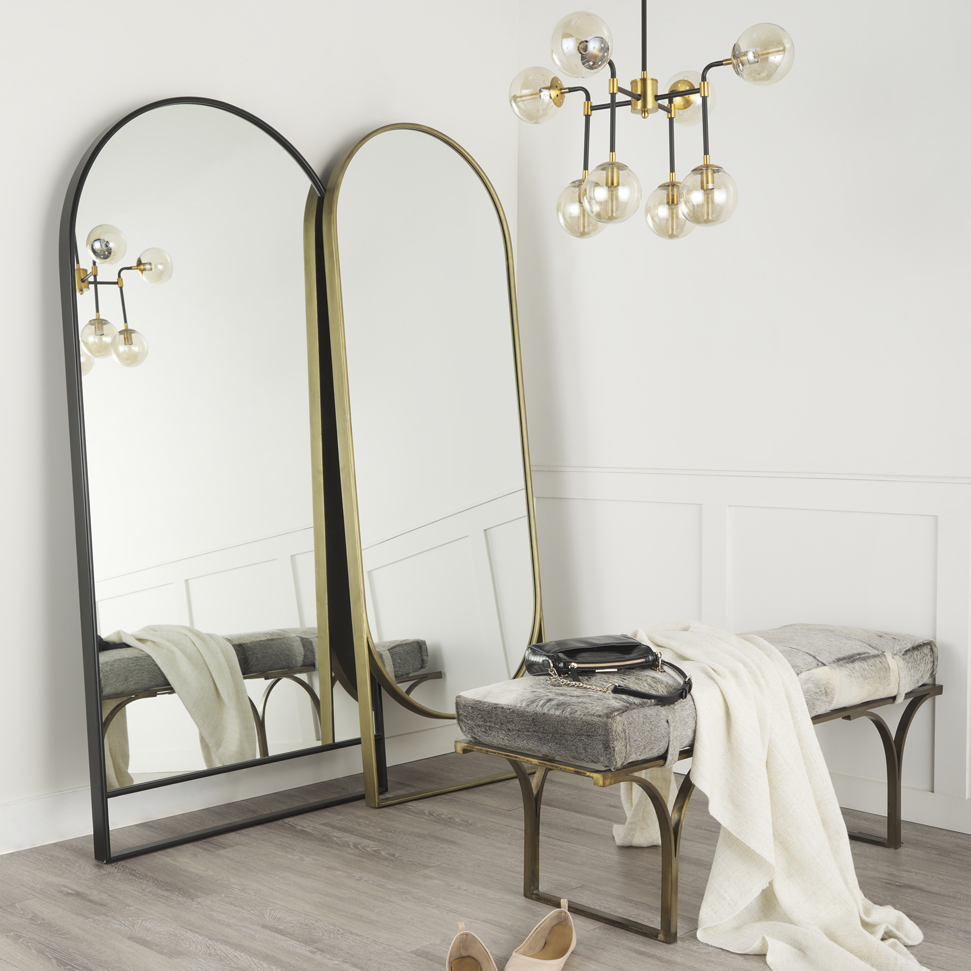 jessie 55l x 16w white/gray hair-on-hide seat w/gold metal base accent bench
