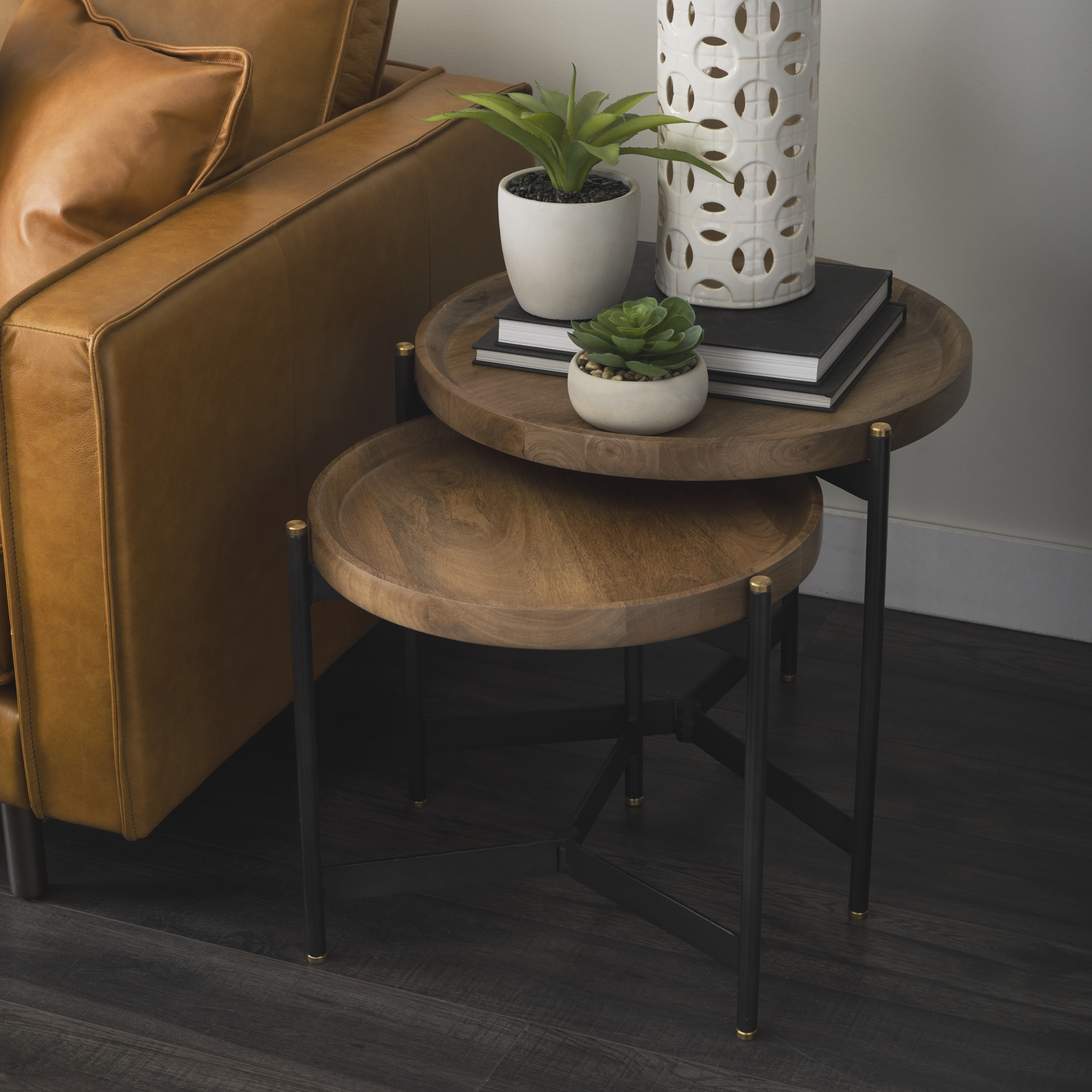 marquisa (set of 2) 22.5l x 22.5w x 20.8h light brown wood w/ black metal base nesting side tables