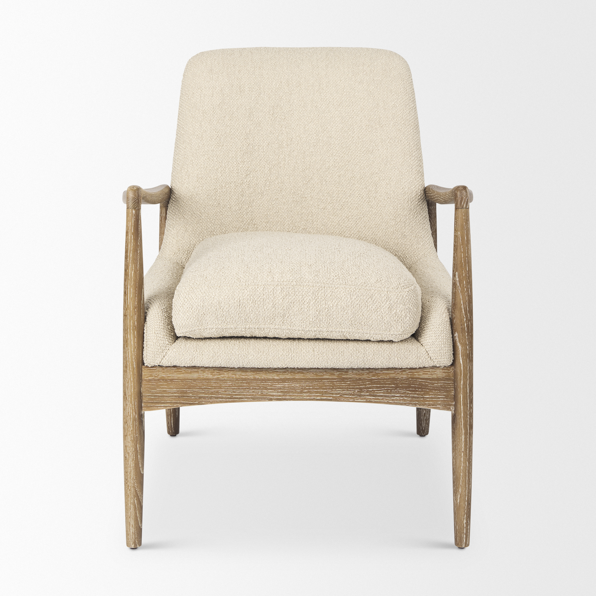 westan cream boucle fabric w/light brown wood accent chair