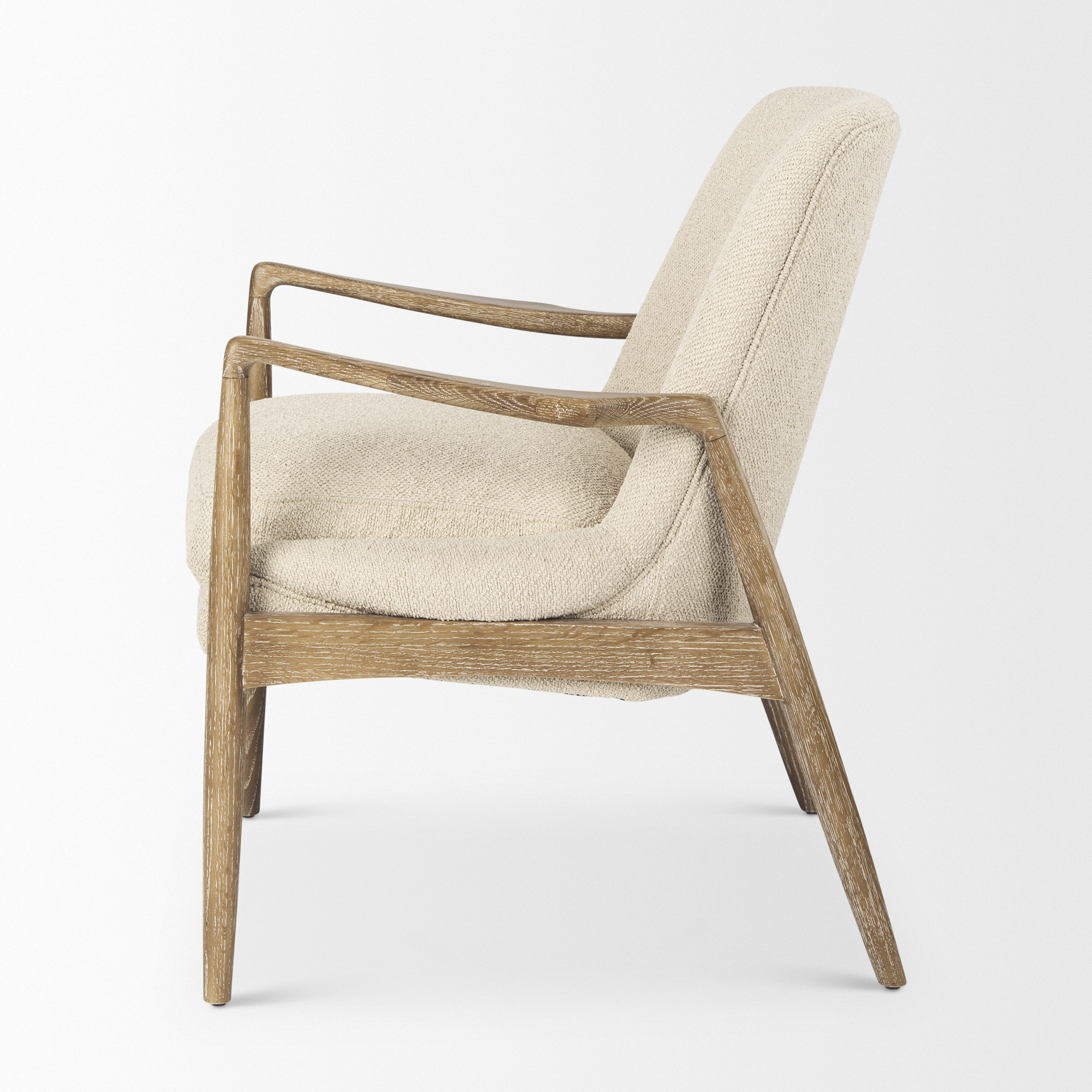 westan cream boucle fabric w/light brown wood accent chair