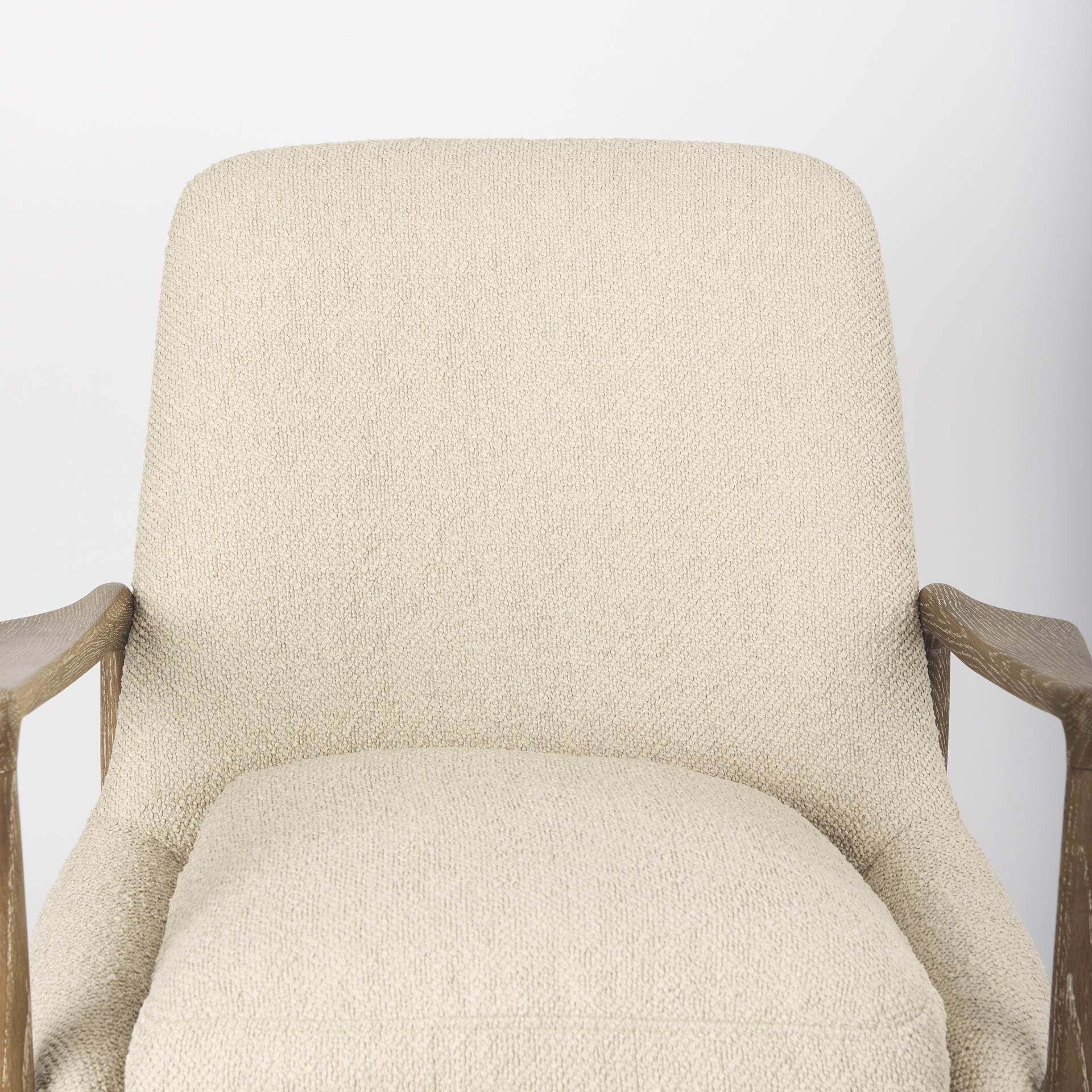 westan cream boucle fabric w/light brown wood accent chair