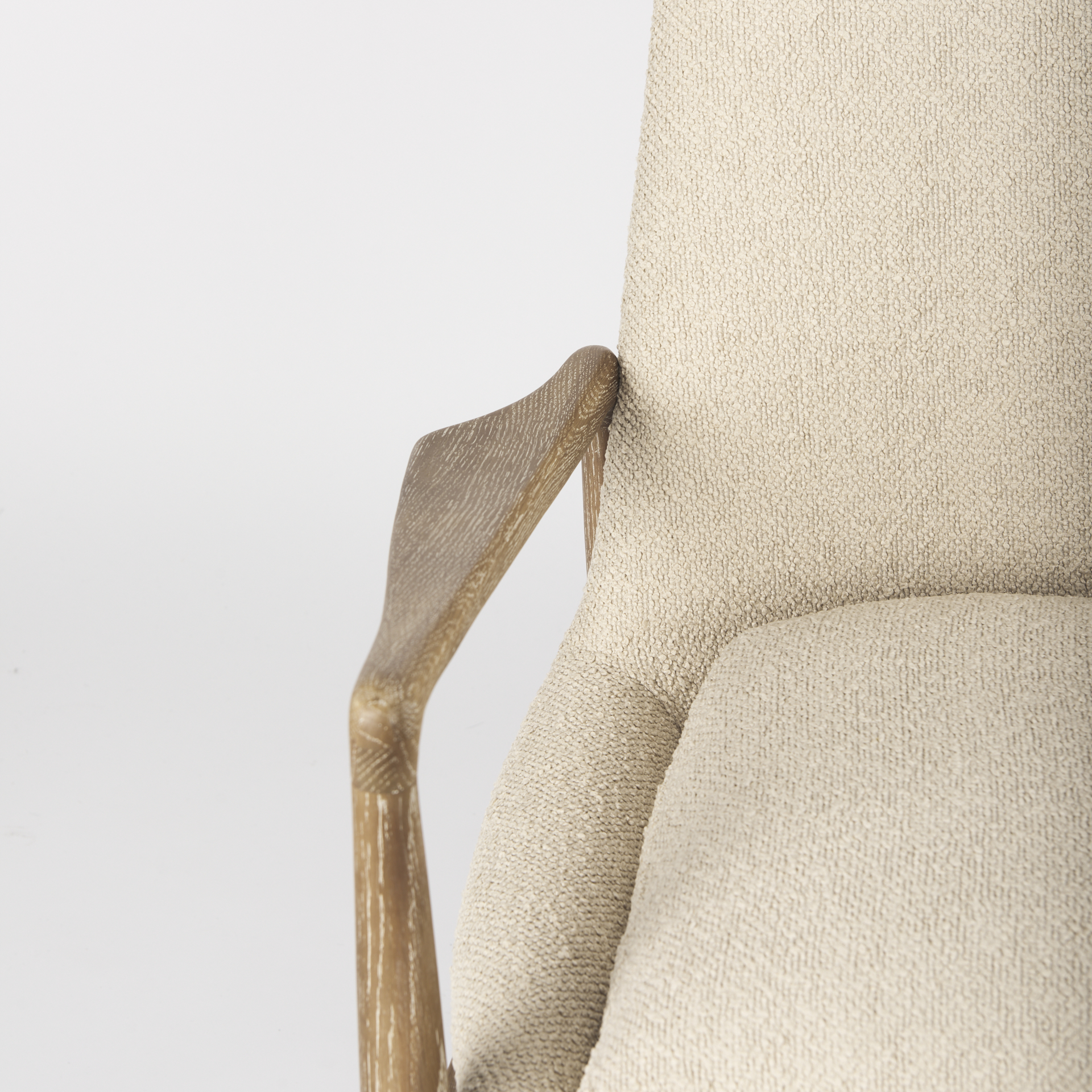 westan cream boucle fabric w/light brown wood accent chair