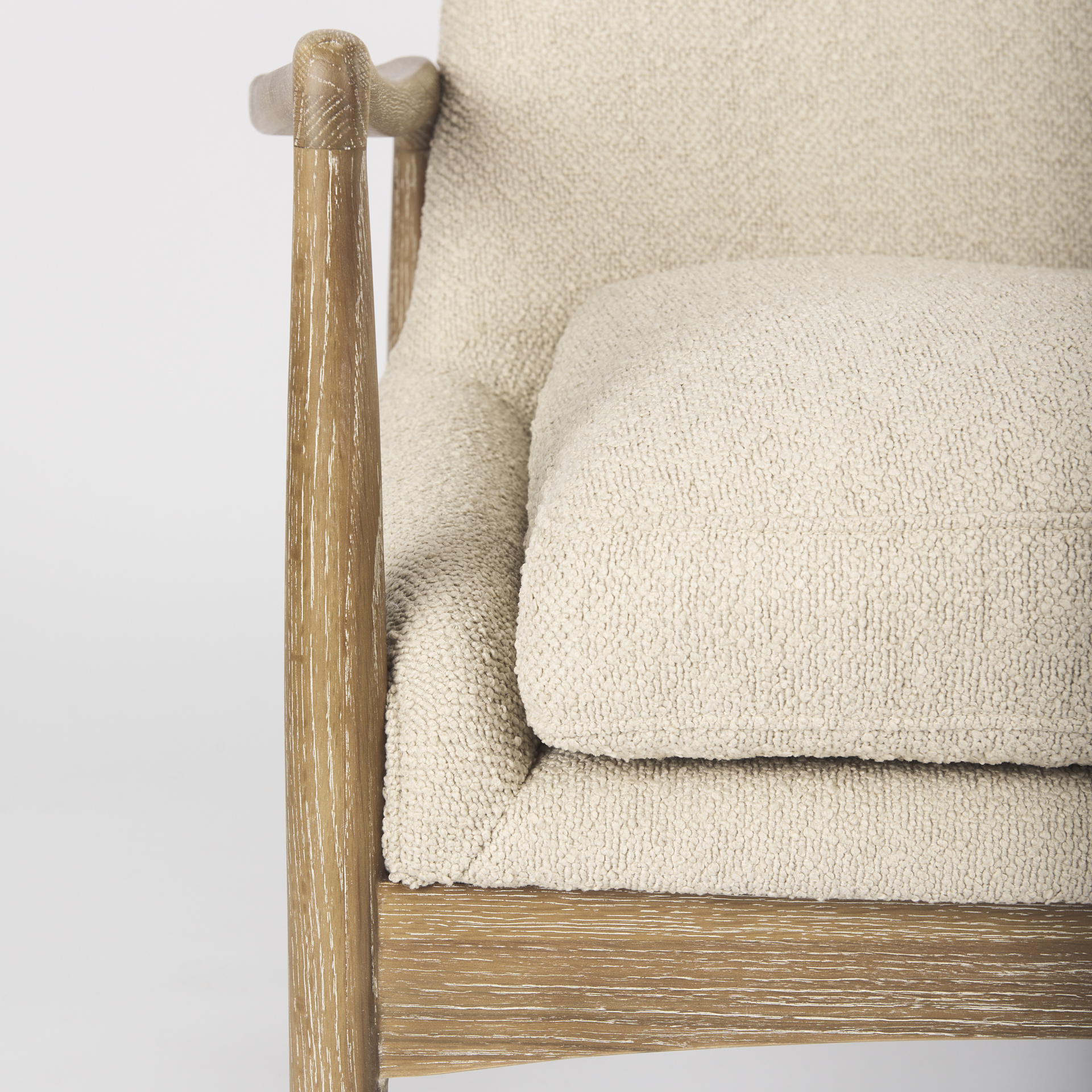 westan cream boucle fabric w/light brown wood accent chair