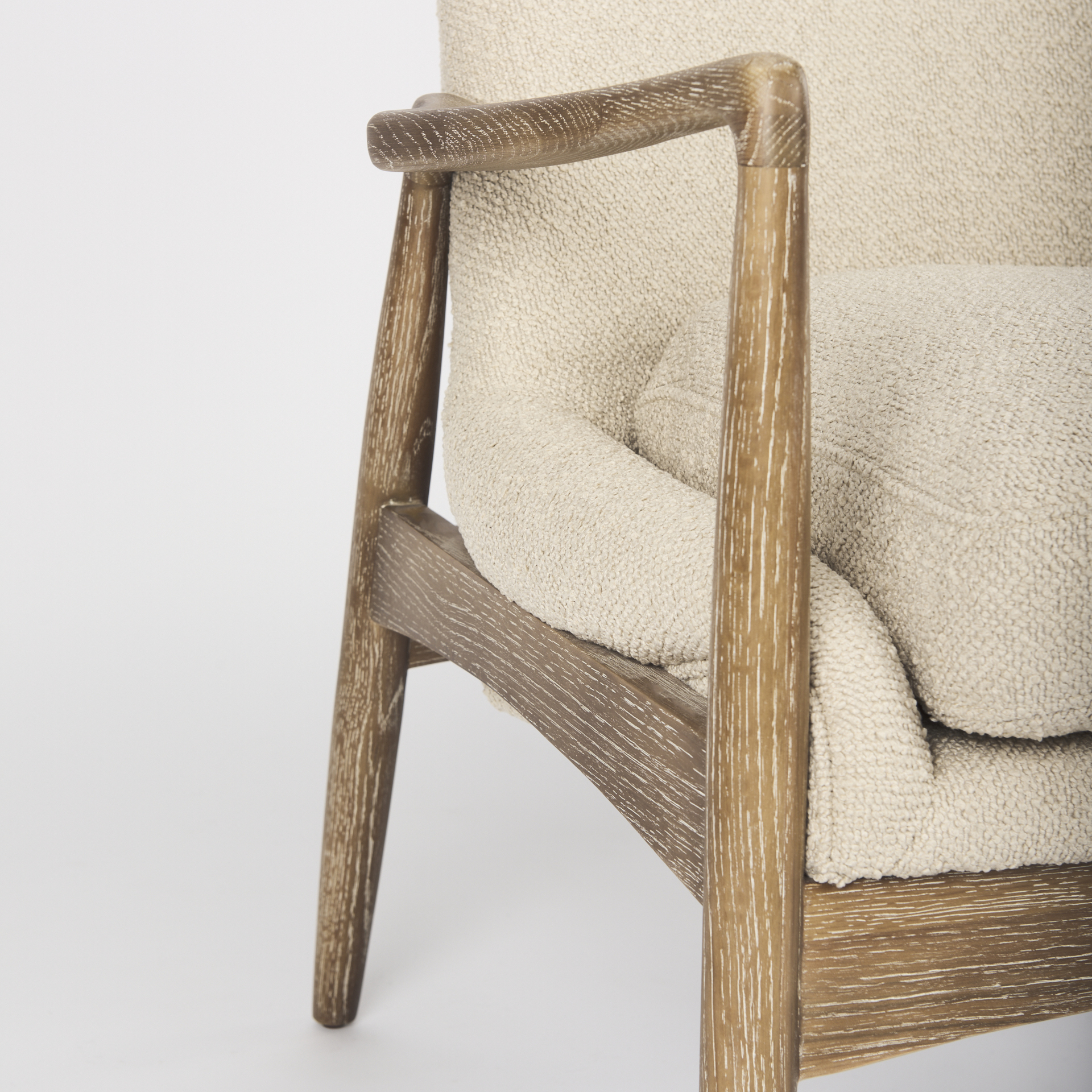 westan cream boucle fabric w/light brown wood accent chair