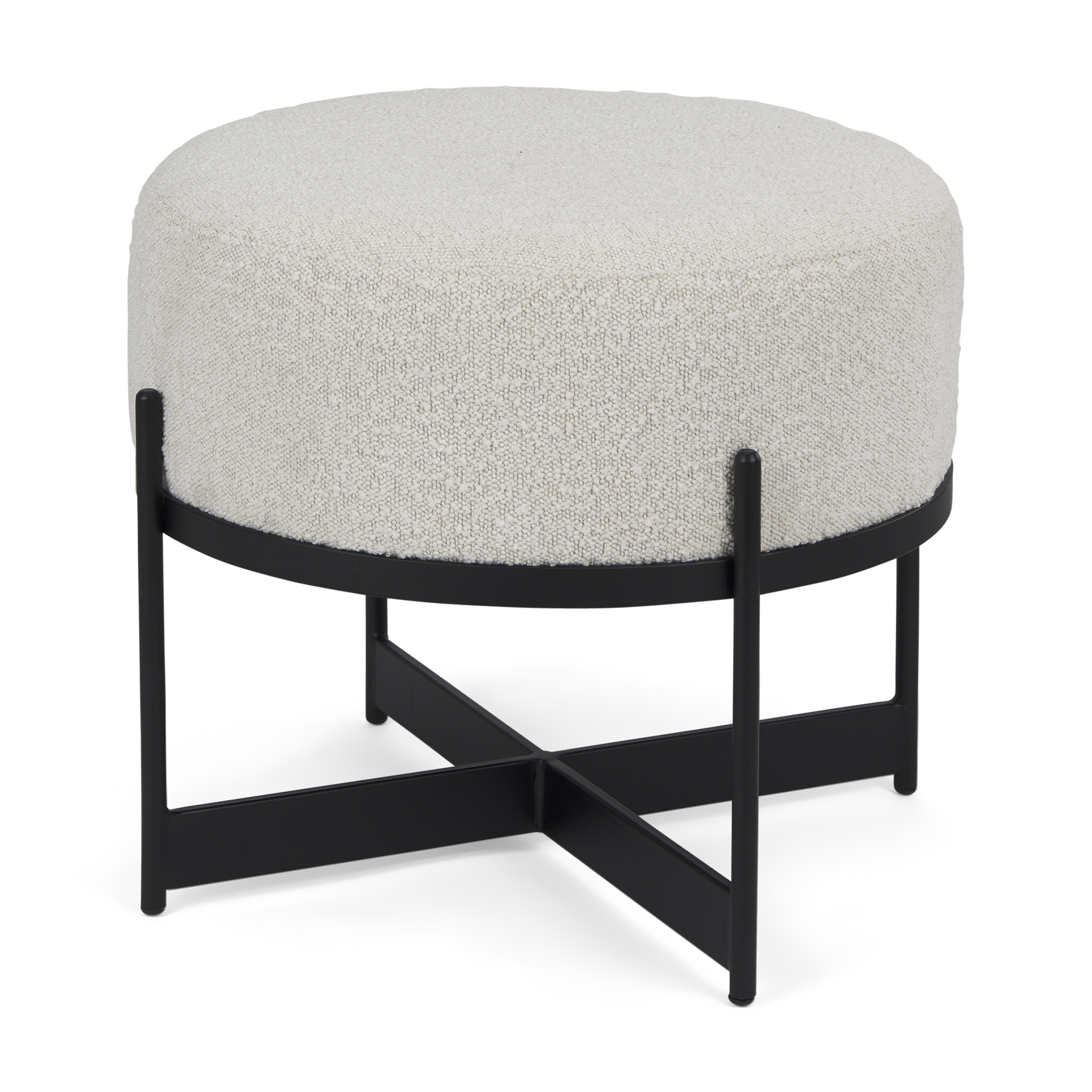 amelia cream boucle w/black metal upholstered pouf
