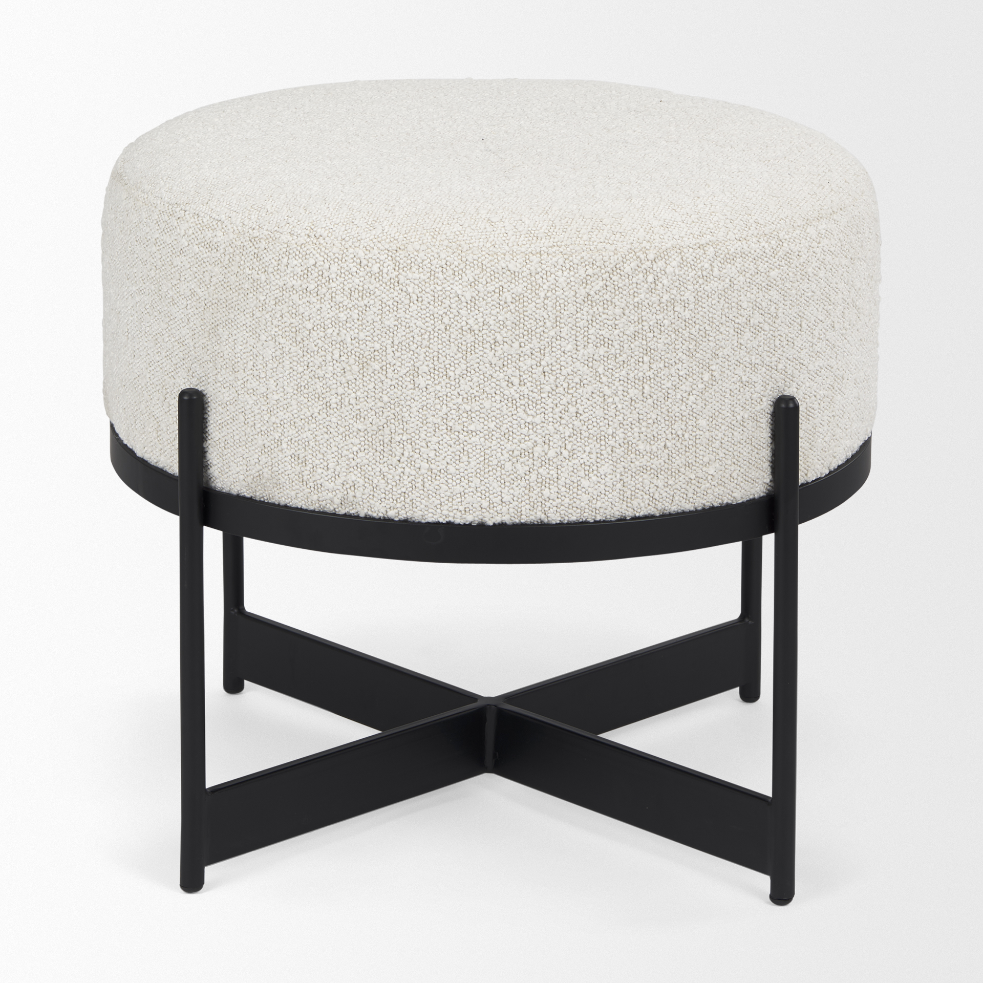 amelia cream boucle w/black metal upholstered pouf