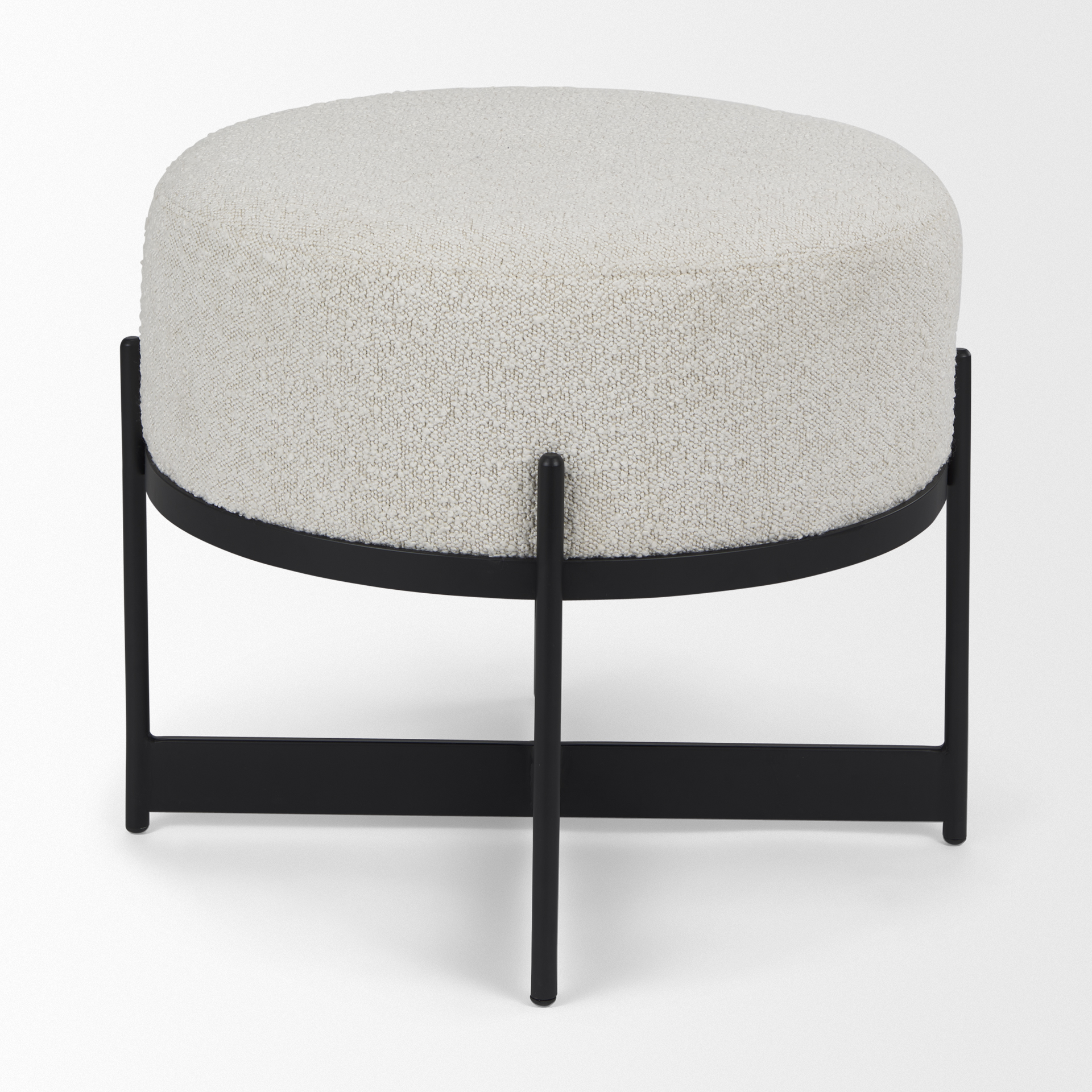 amelia cream boucle w/black metal upholstered pouf