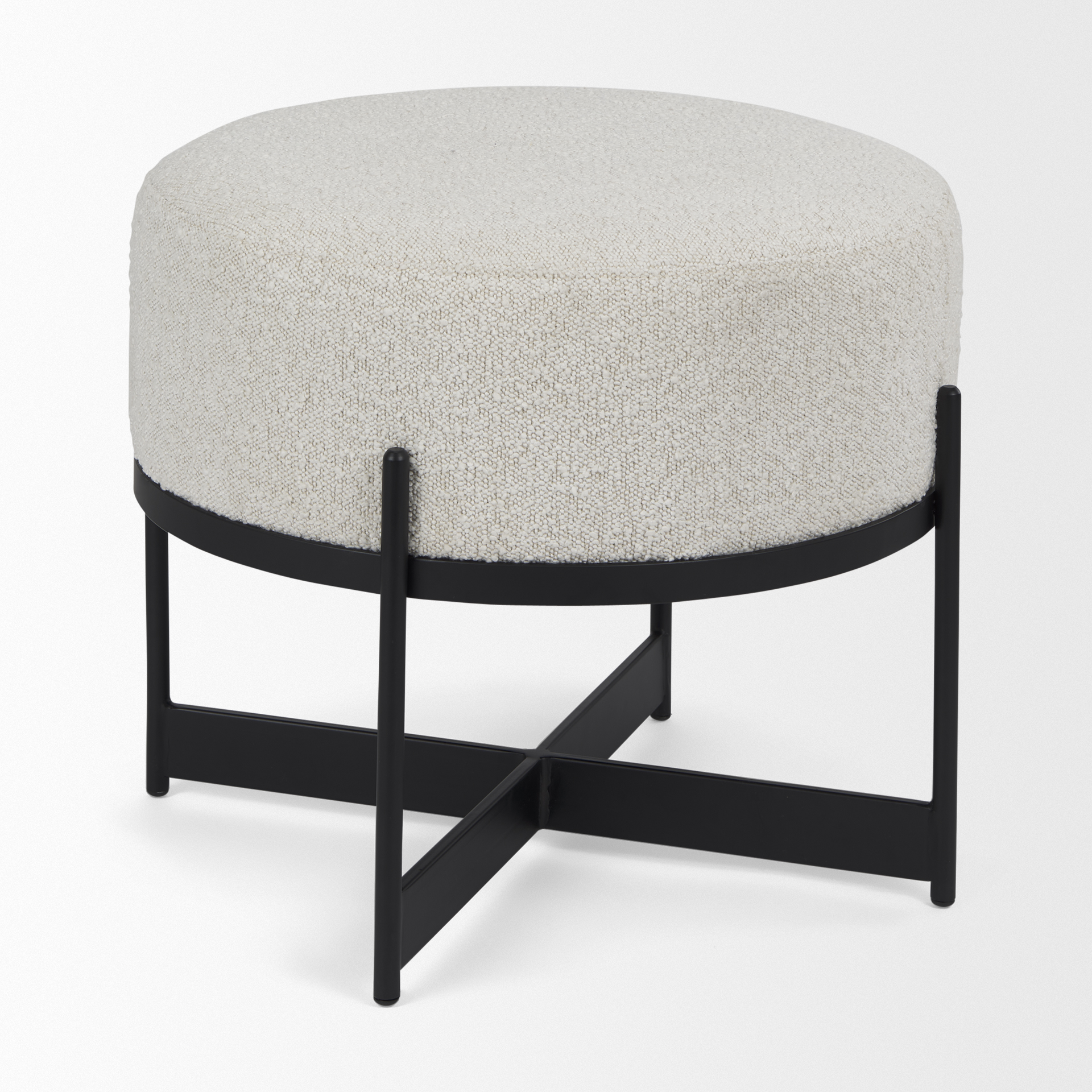 amelia cream boucle w/black metal upholstered pouf