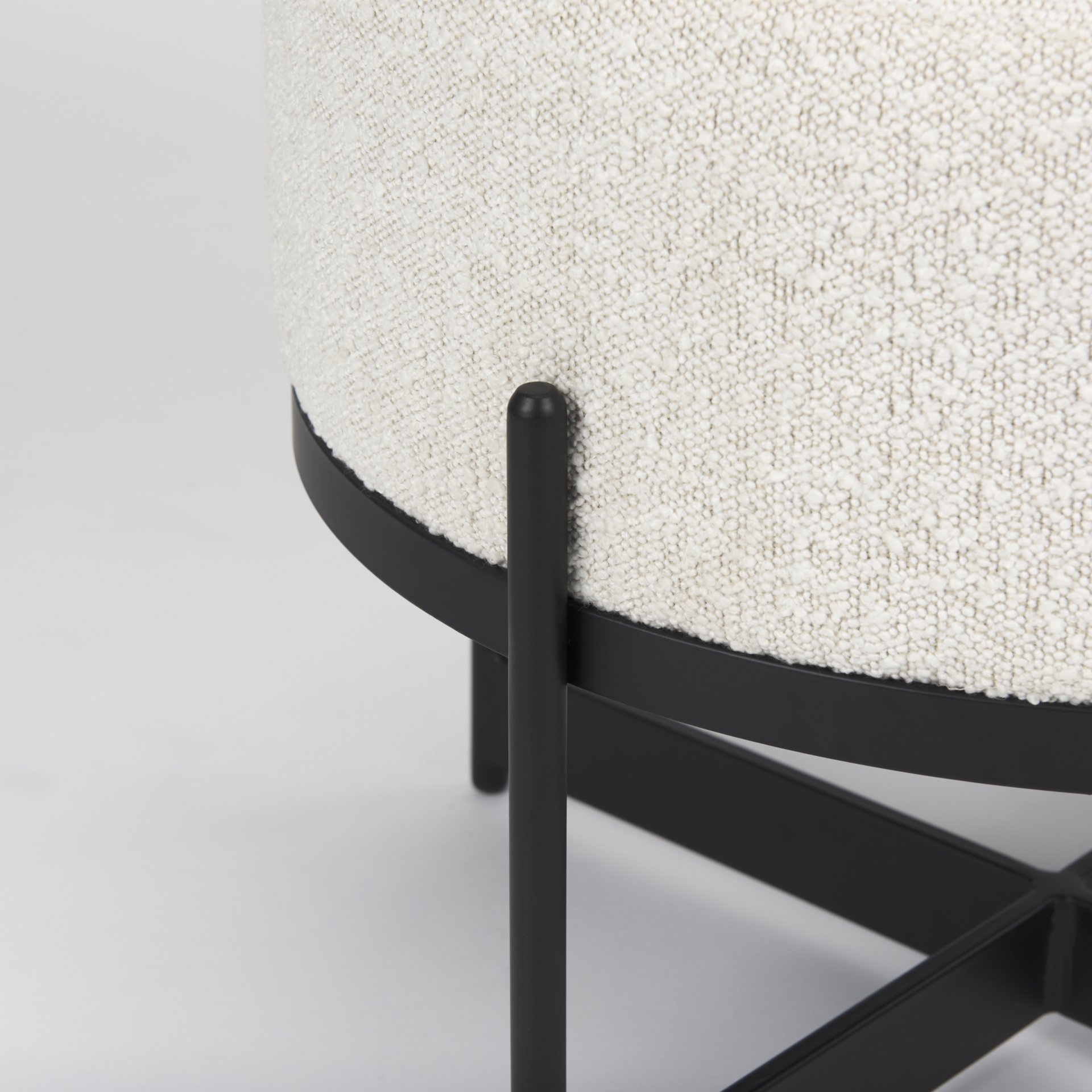 amelia cream boucle w/black metal upholstered pouf