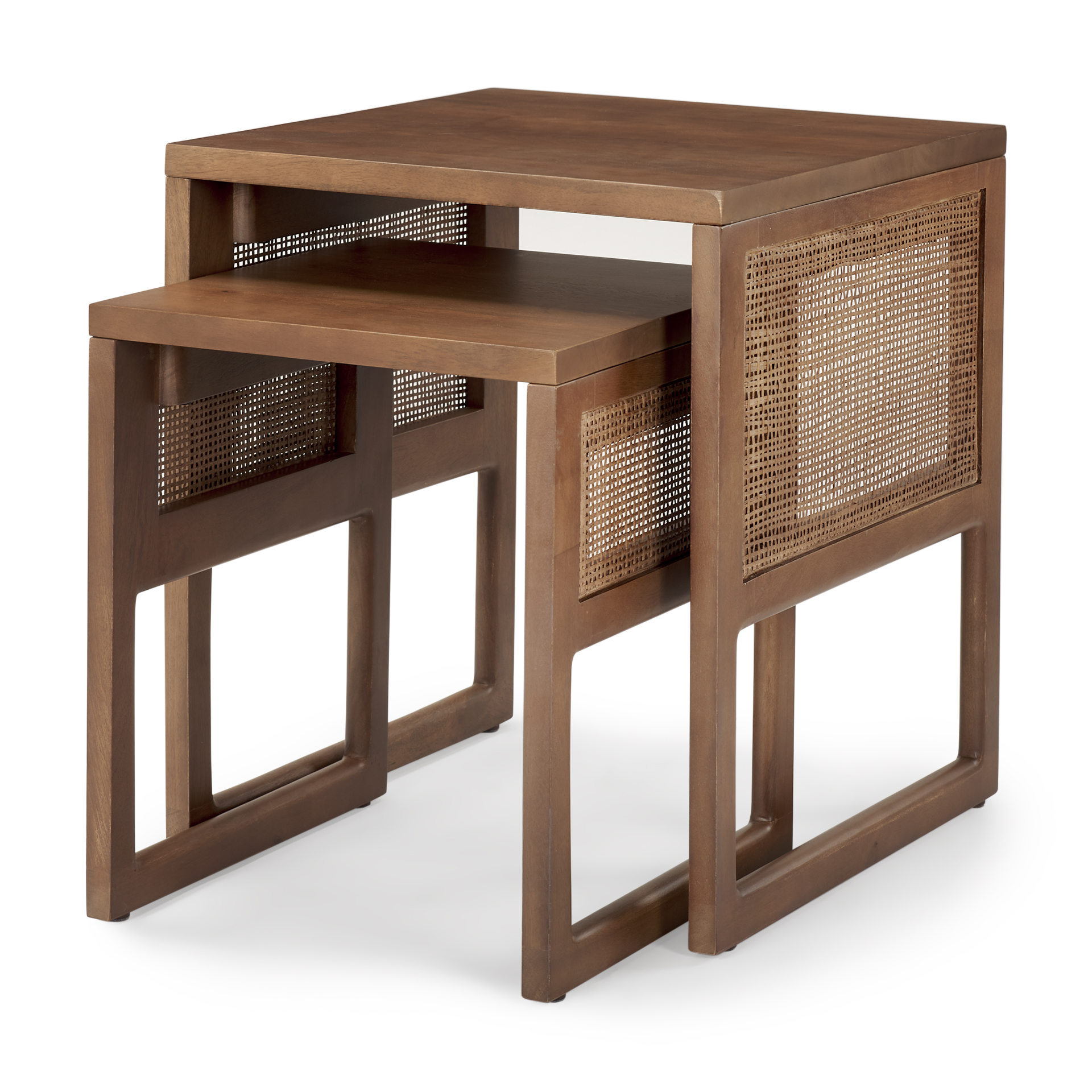grier set of 2 medium brown solid wood w/ cane nesting accent tables