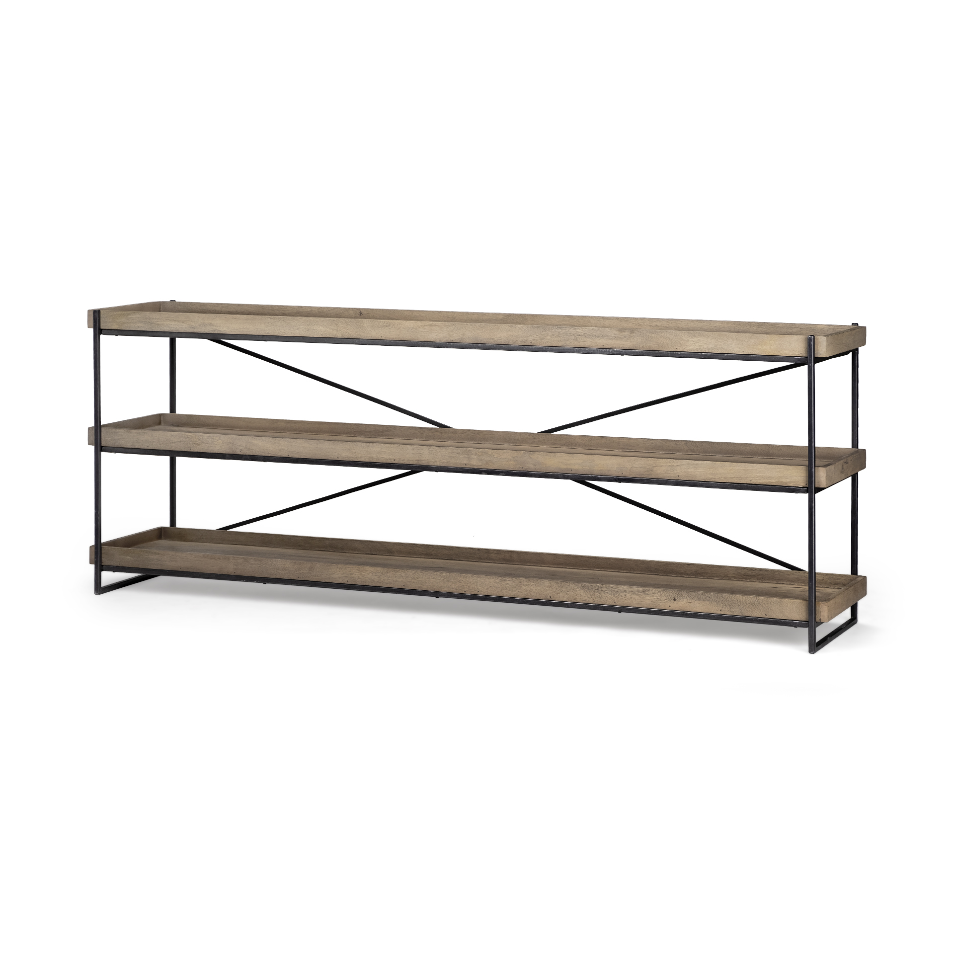 trey i 80l x 16w brown wood and black iron console table