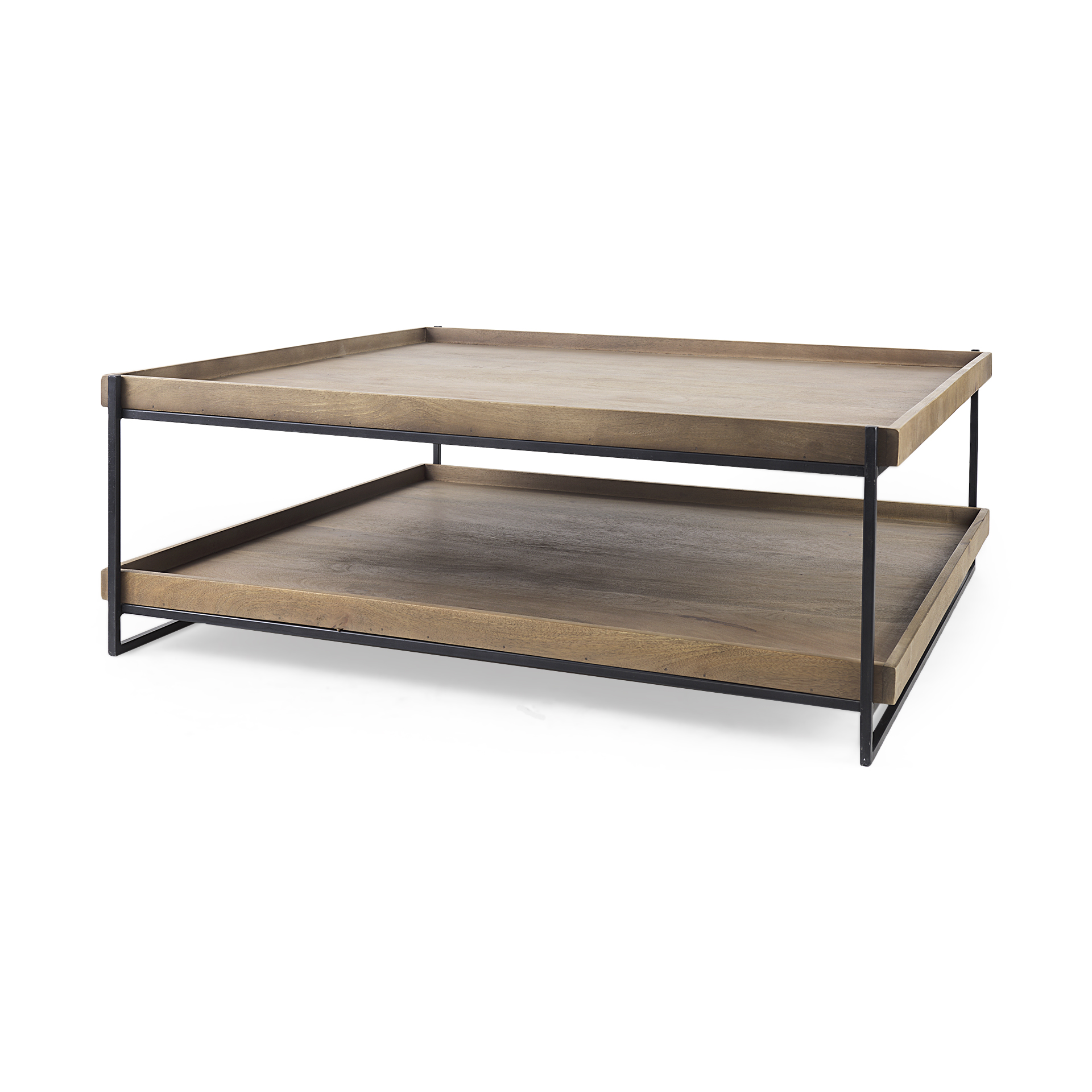trey 48x46 rectangular brown solid wood top table black metal frame two-tier coffee table