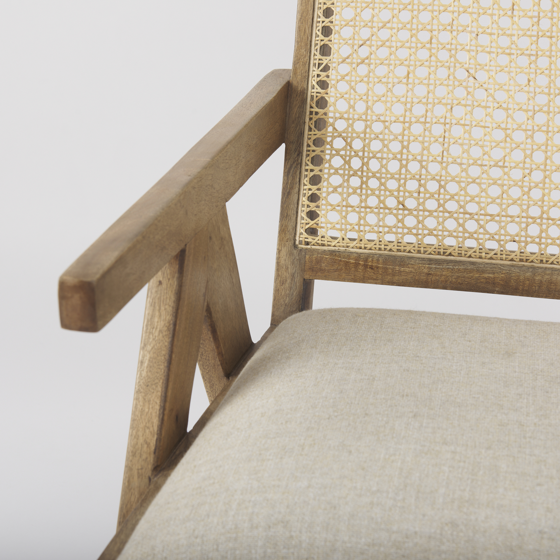 donna light brown wood cane-back w/ beige upholstered seat accent chair