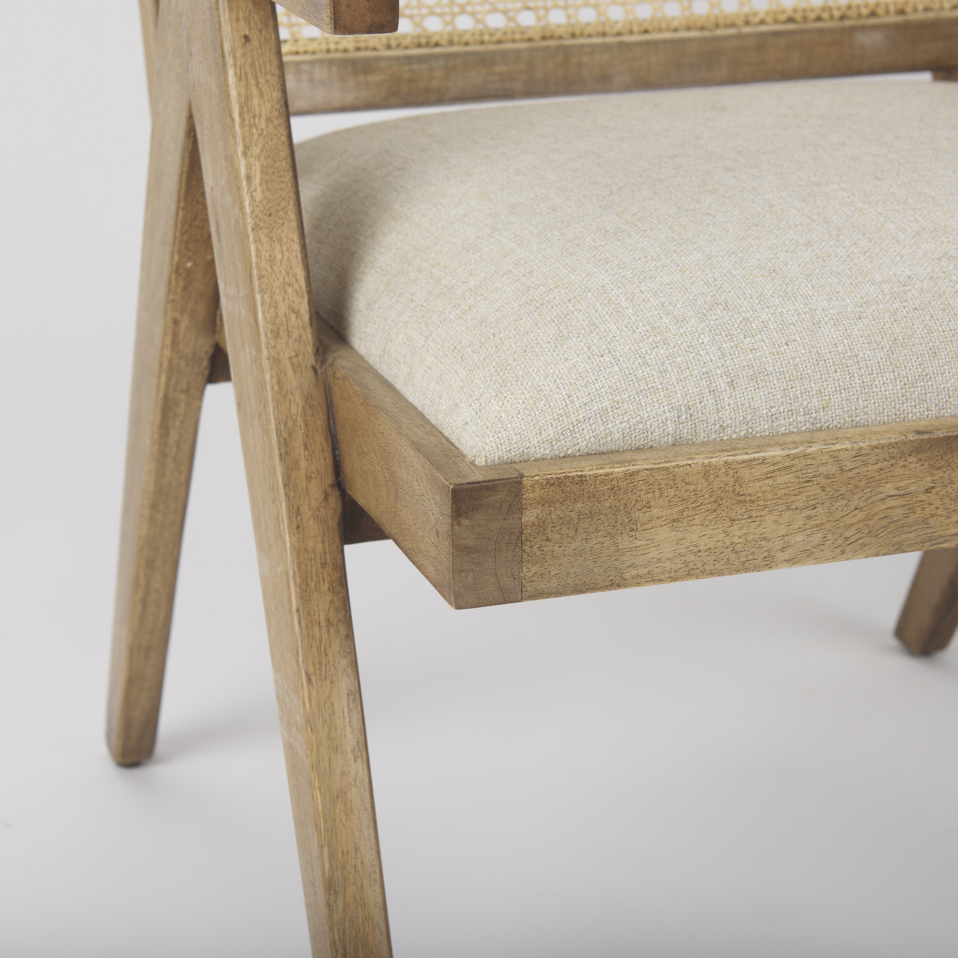 donna light brown wood cane-back w/ beige upholstered seat accent chair