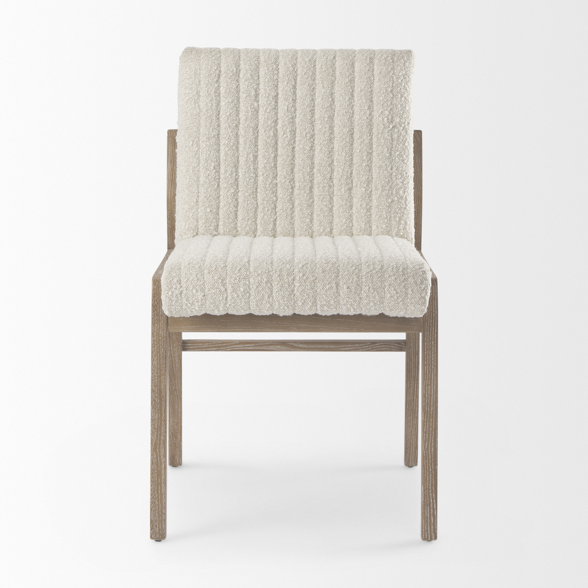 tahoe cream boucle upholstered and light brown wood armless dining chair