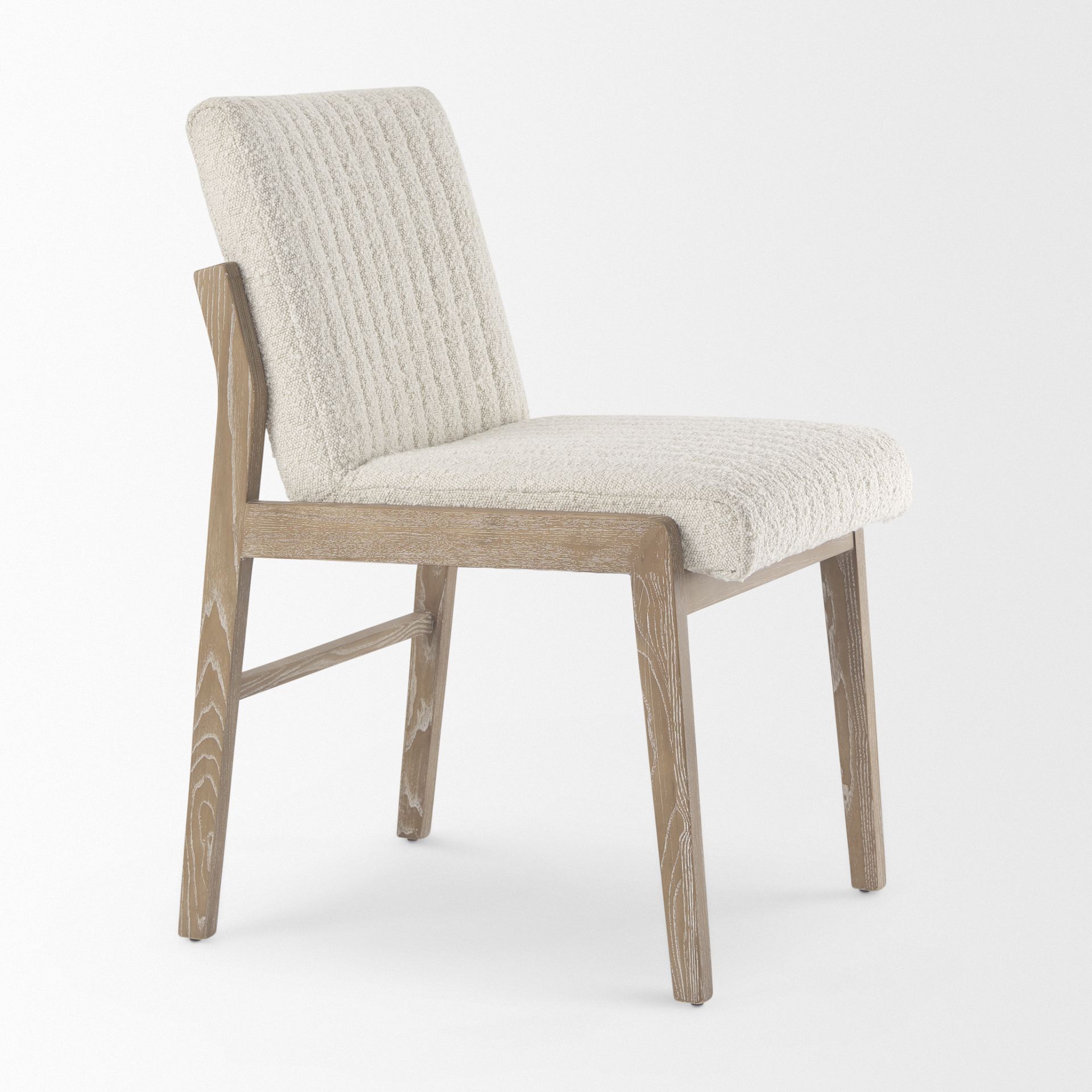 tahoe cream boucle upholstered and light brown wood armless dining chair