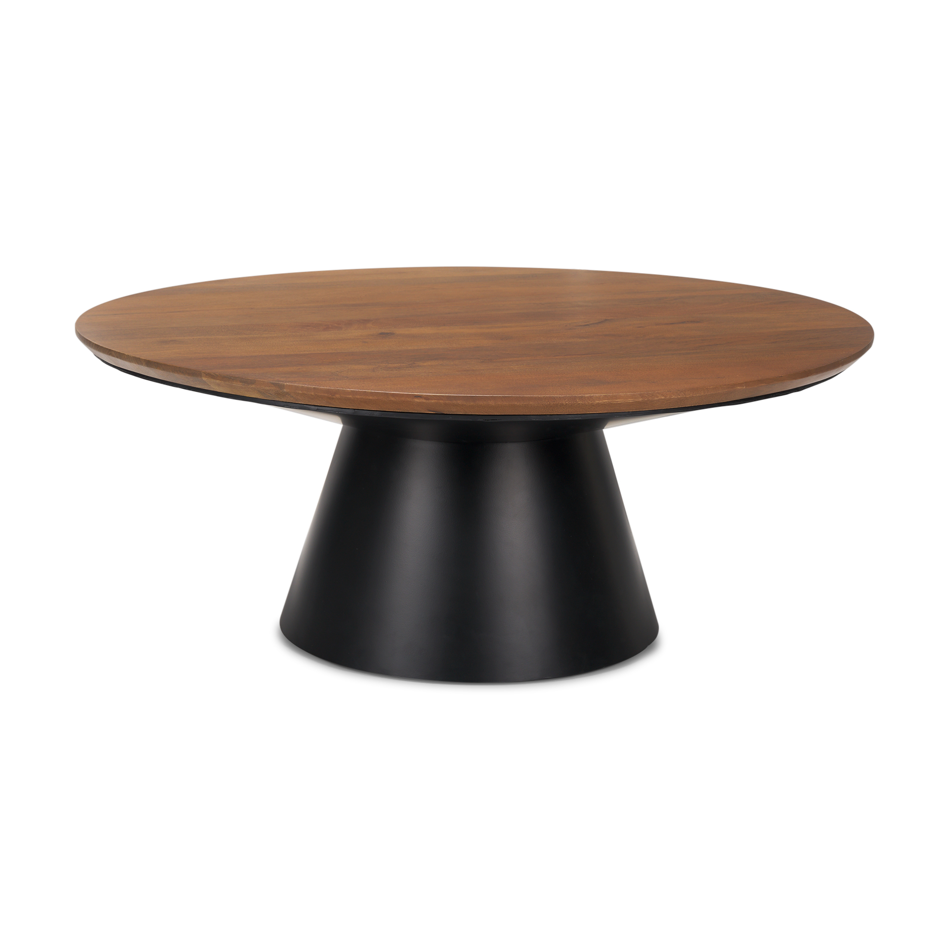 mitchell 40.0l x 40.0w x 16.0h black metal pedestal base with brown wood top coffee table