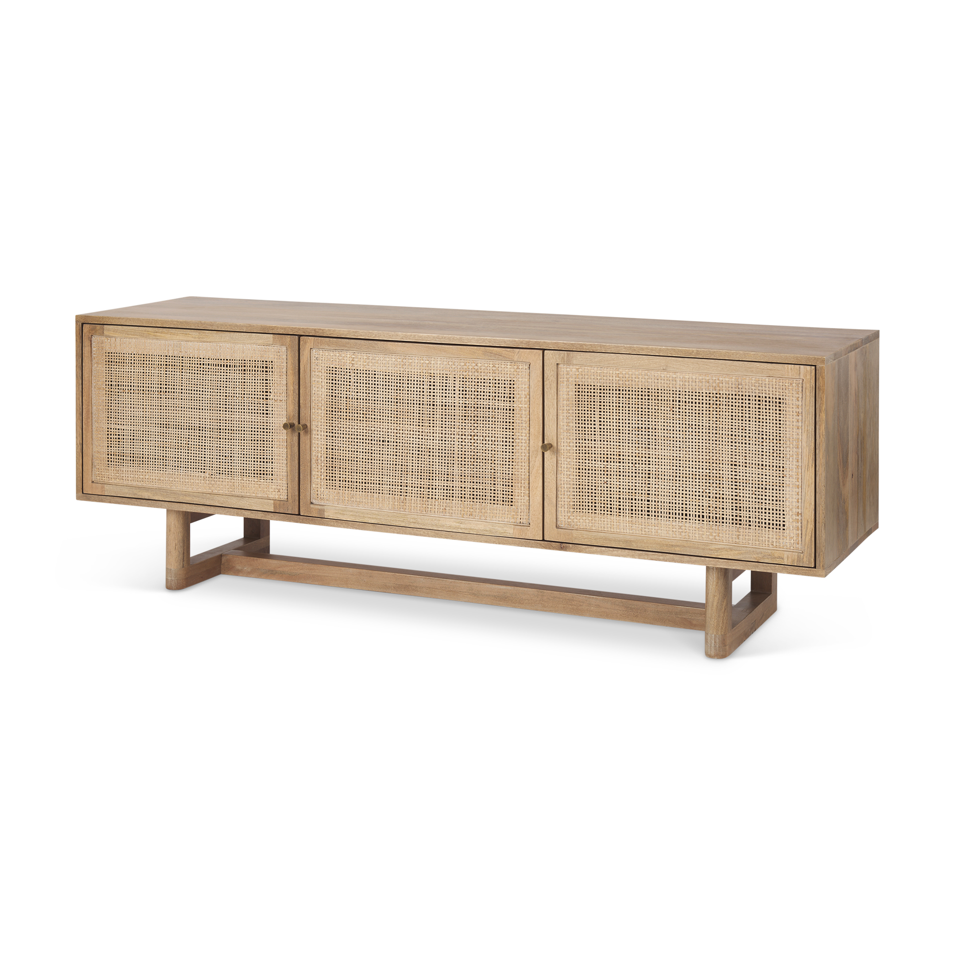 grier light brown solid wood and cane 3 door media console