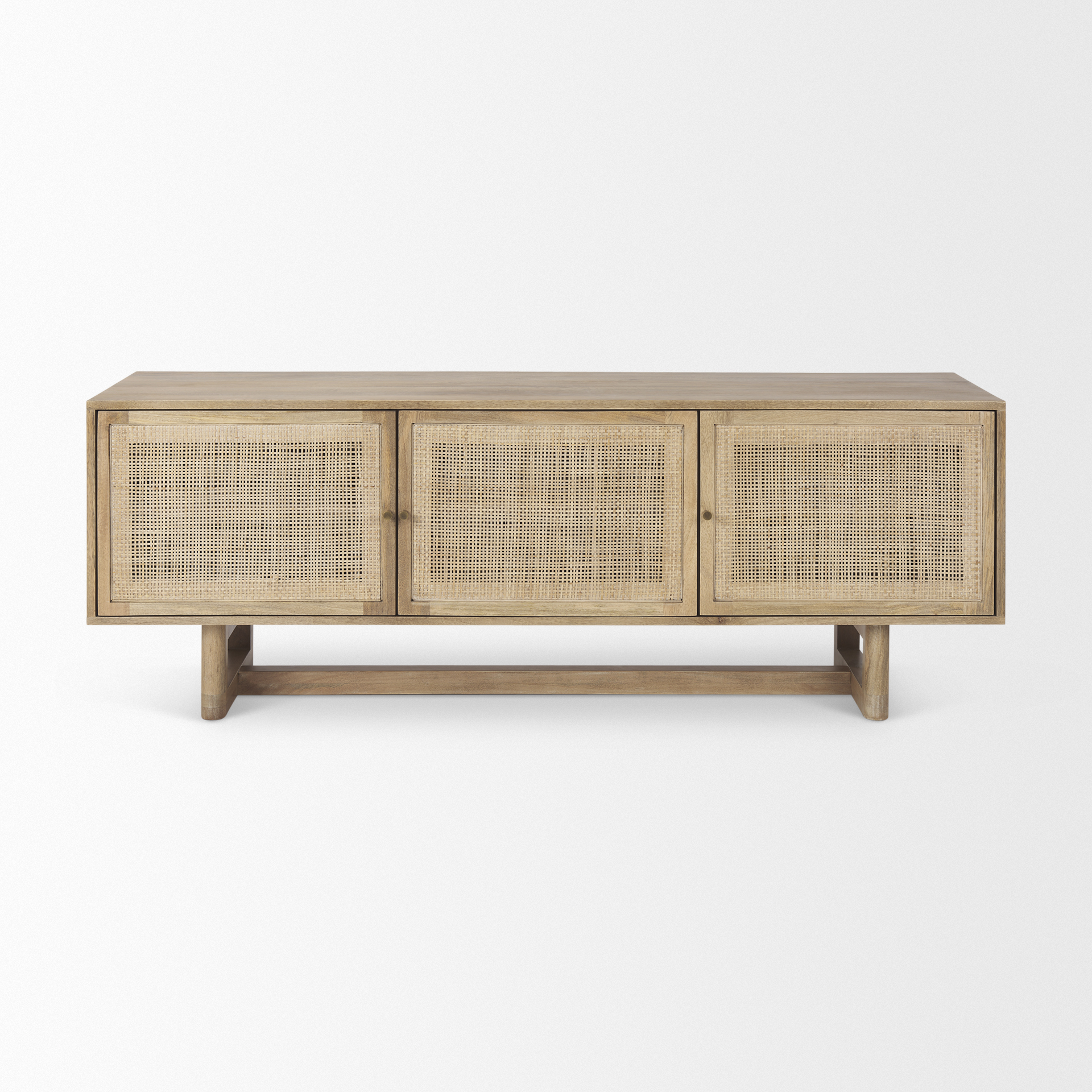 grier light brown solid wood and cane 3 door media console