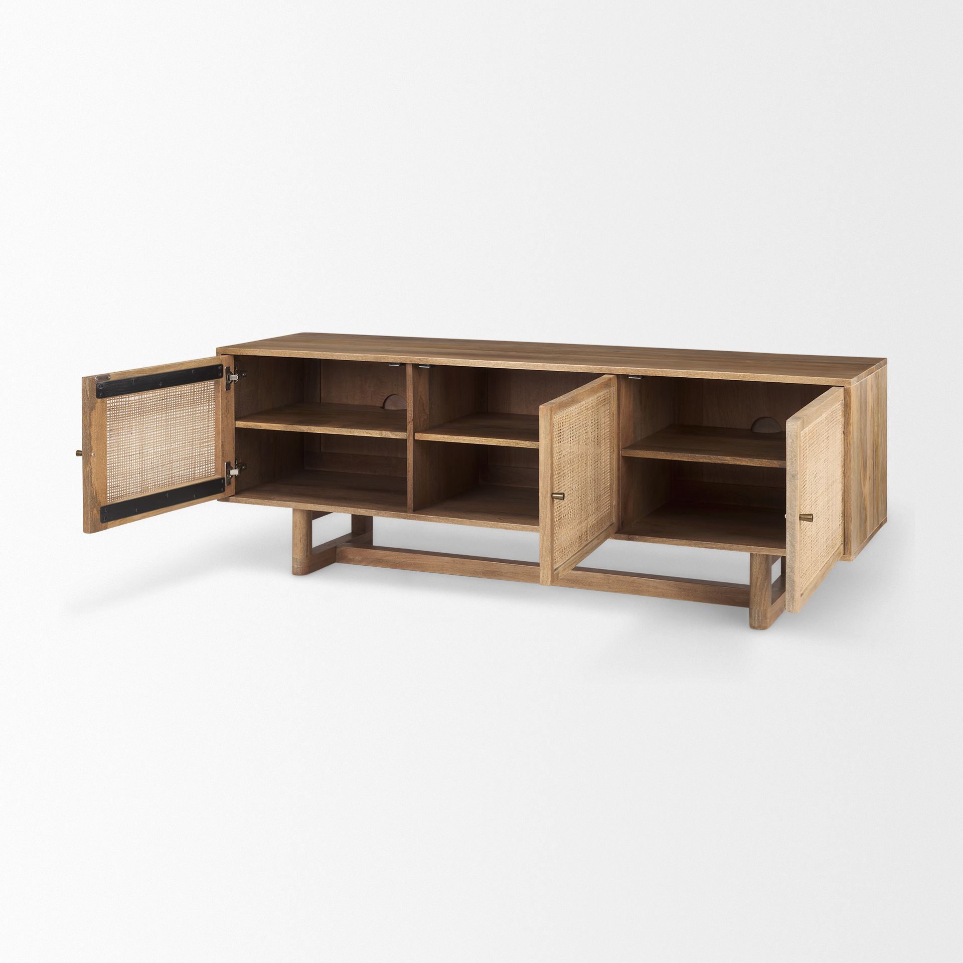 grier light brown solid wood and cane 3 door media console