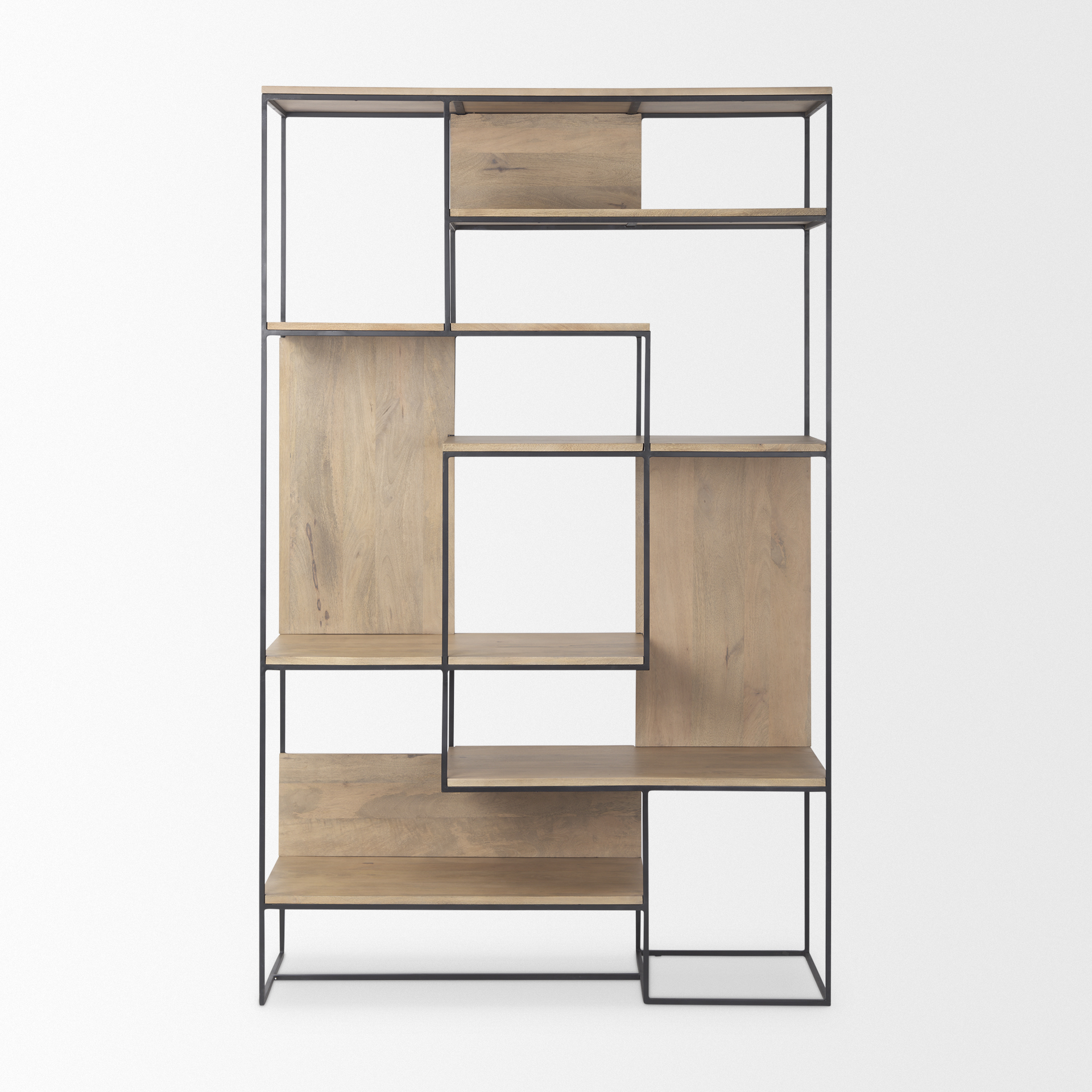 morris 47.0l x 15.0w x 75.0h light brown wood w/ black metal frame 6-tier shelving unit
