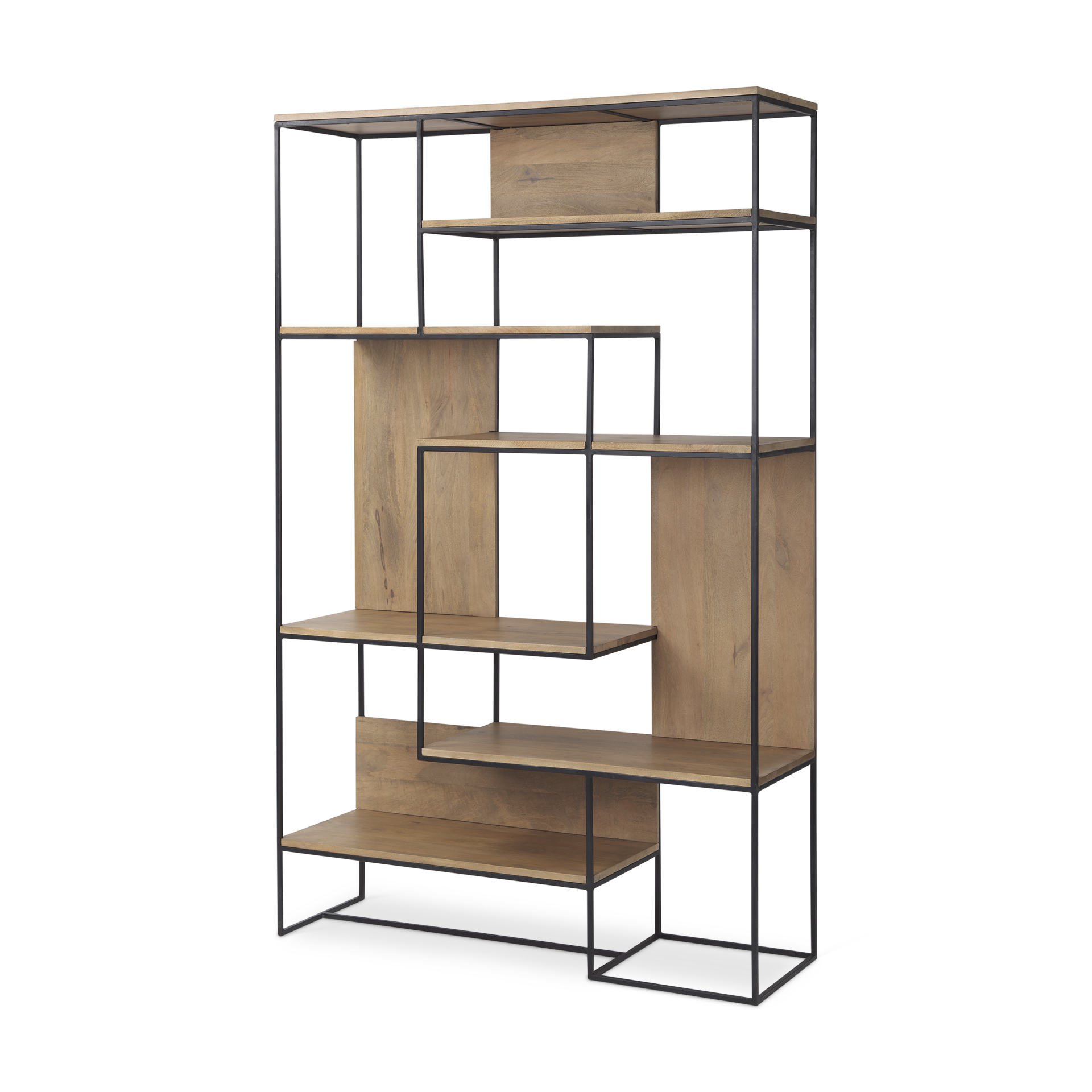 morris 47.0l x 15.0w x 75.0h light brown wood w/ black metal frame 6-tier shelving unit