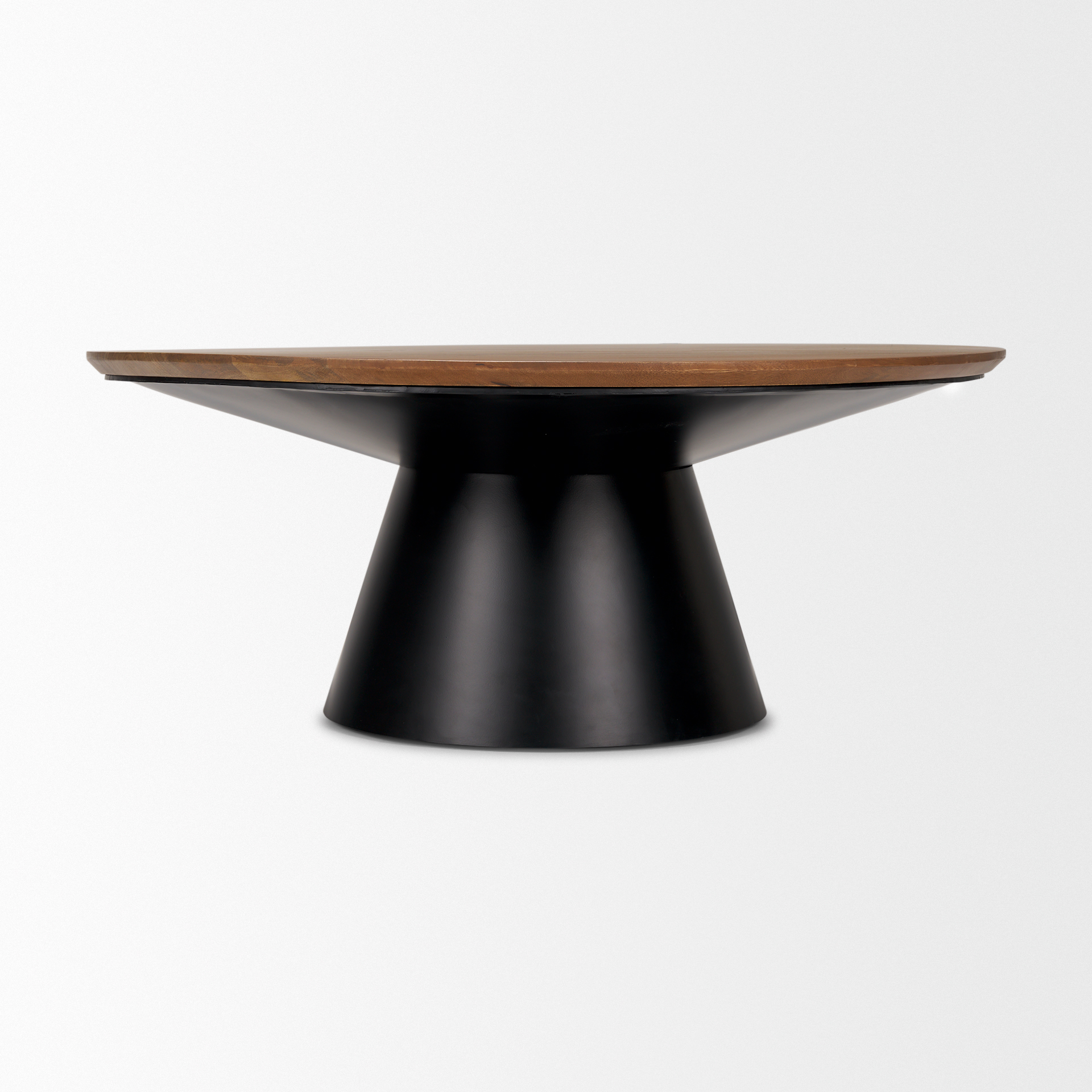 mitchell 40.0l x 40.0w x 16.0h black metal pedestal base with brown wood top coffee table