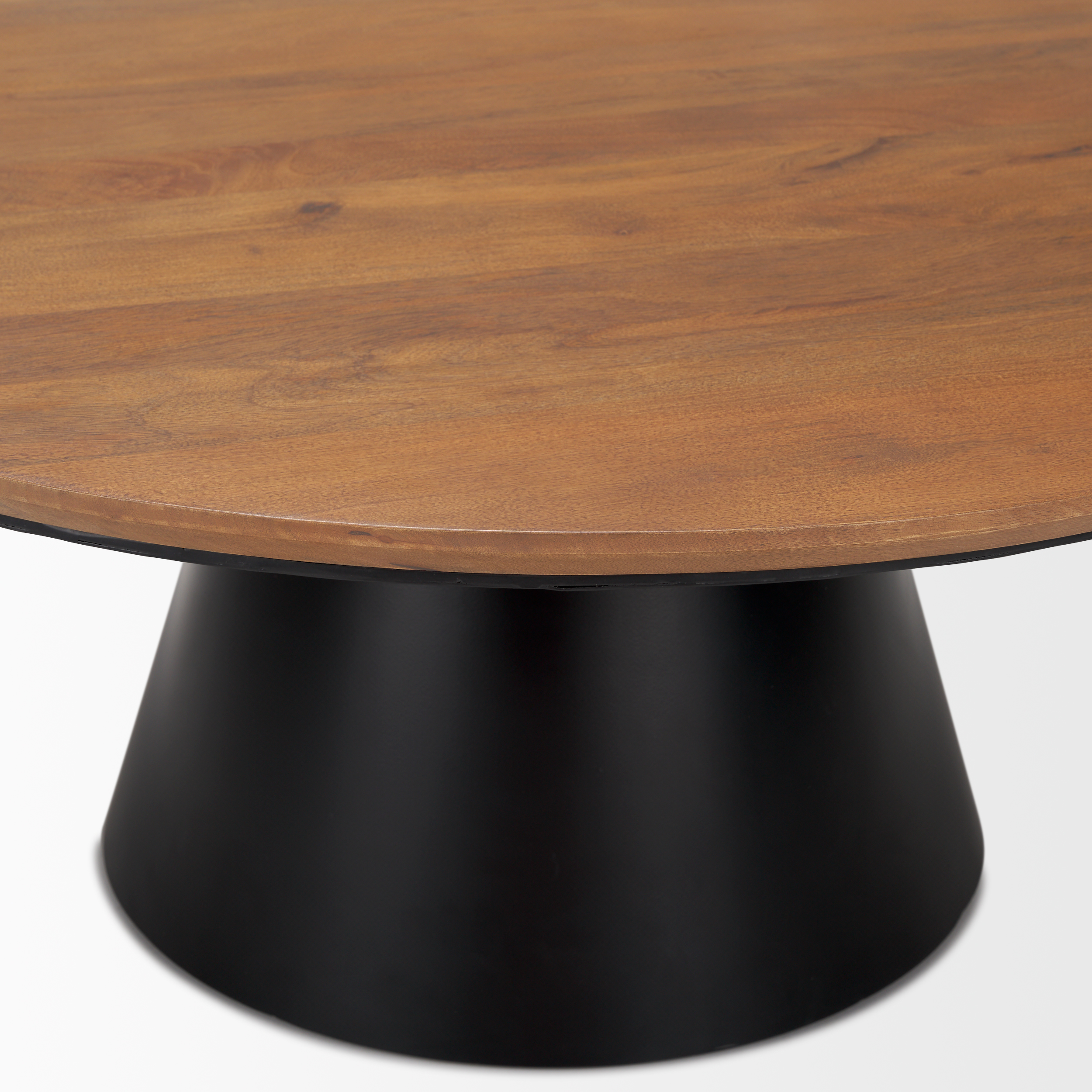 mitchell 40.0l x 40.0w x 16.0h black metal pedestal base with brown wood top coffee table