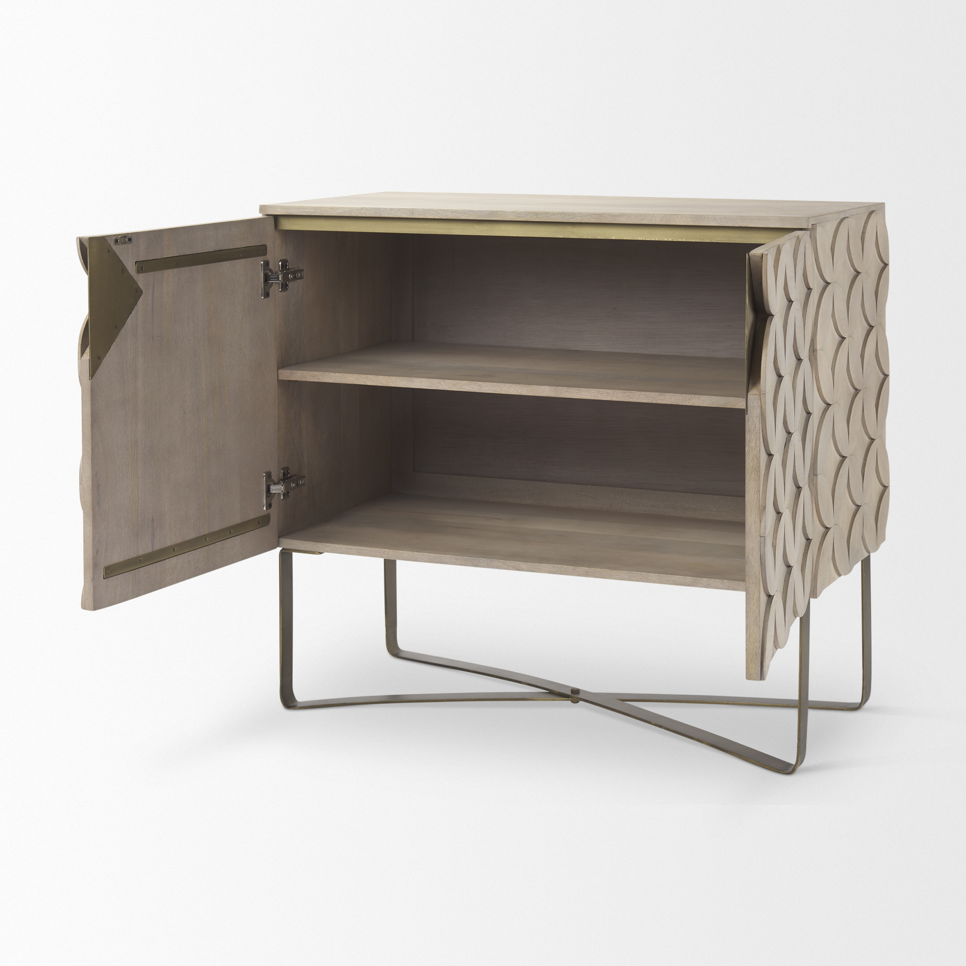 excelsior 36.0l x 18.0w x 32.5h light brown wood gold iron base accent cabinet