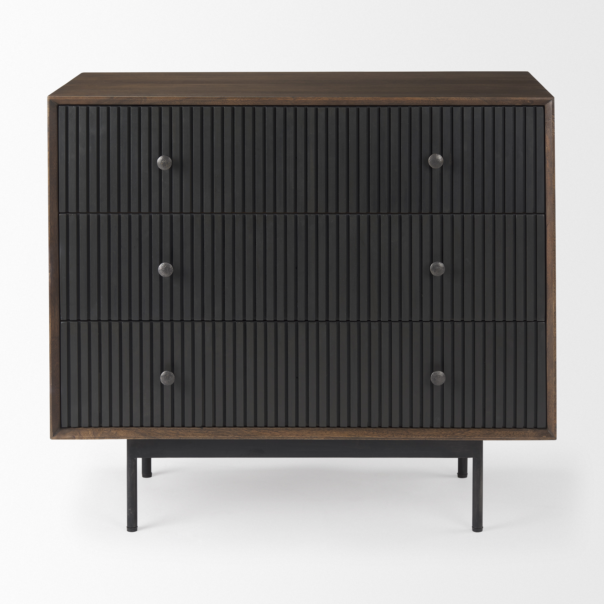 grace 35.5l x 18.0w x 31.0h medium brown wood w/black metal frame 3 drawer accent cabinet