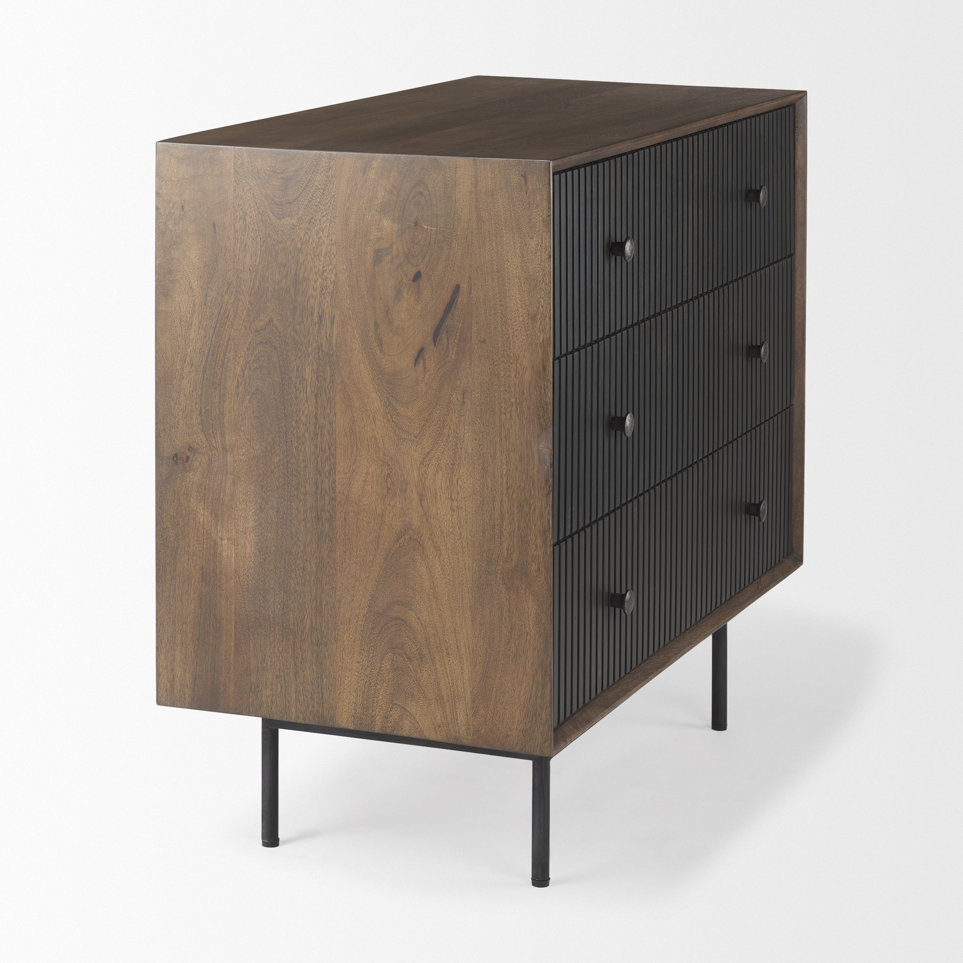 grace 35.5l x 18.0w x 31.0h medium brown wood w/black metal frame 3 drawer accent cabinet
