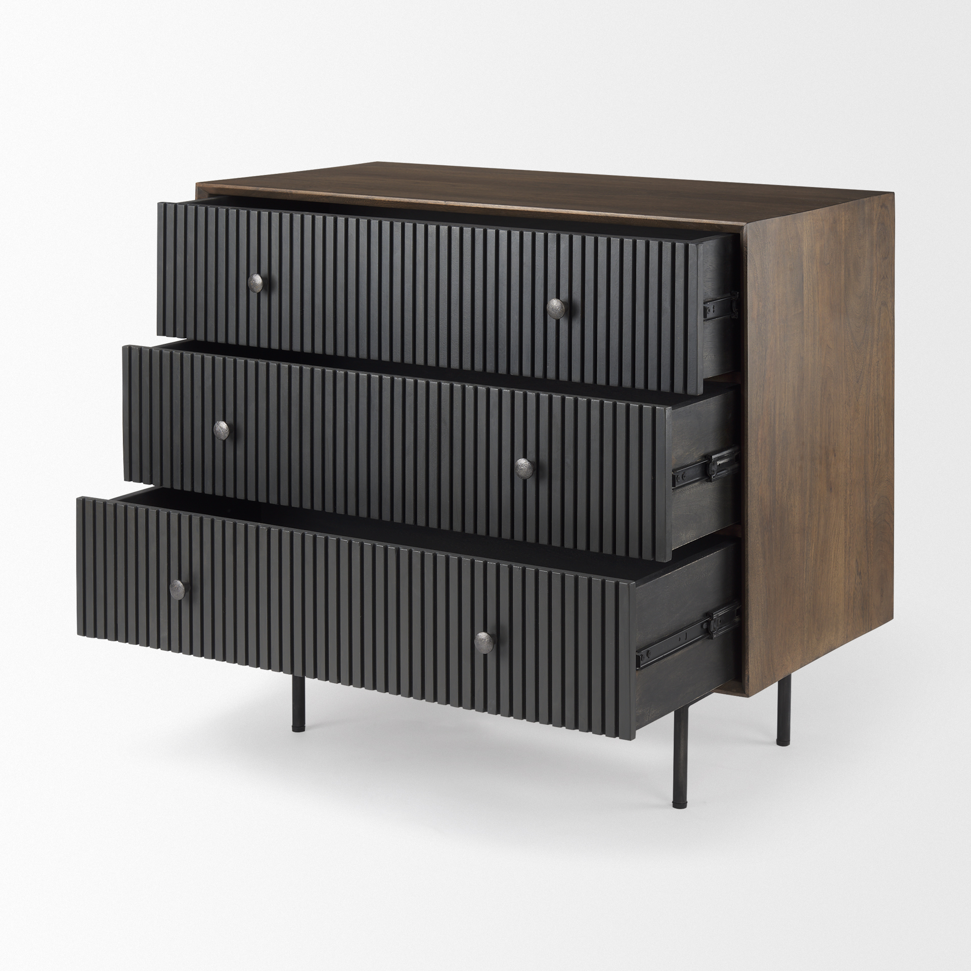 grace 35.5l x 18.0w x 31.0h medium brown wood w/black metal frame 3 drawer accent cabinet