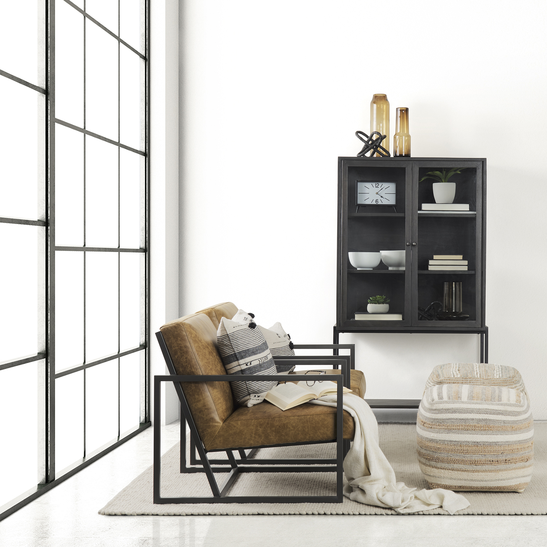 arelius 36l x 18w x 63h black-brown wood w/ black metal base display cabinet