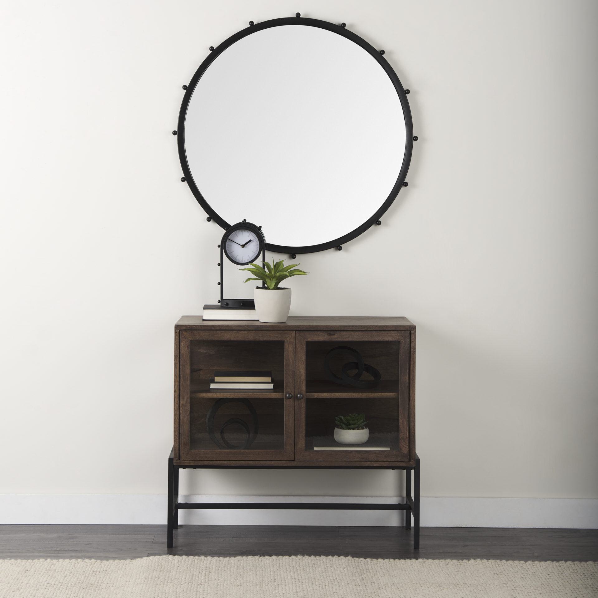 arelius 36l x 18w x 32h medium brown wood, black metal base w/ 2 glass doors accent cabinet