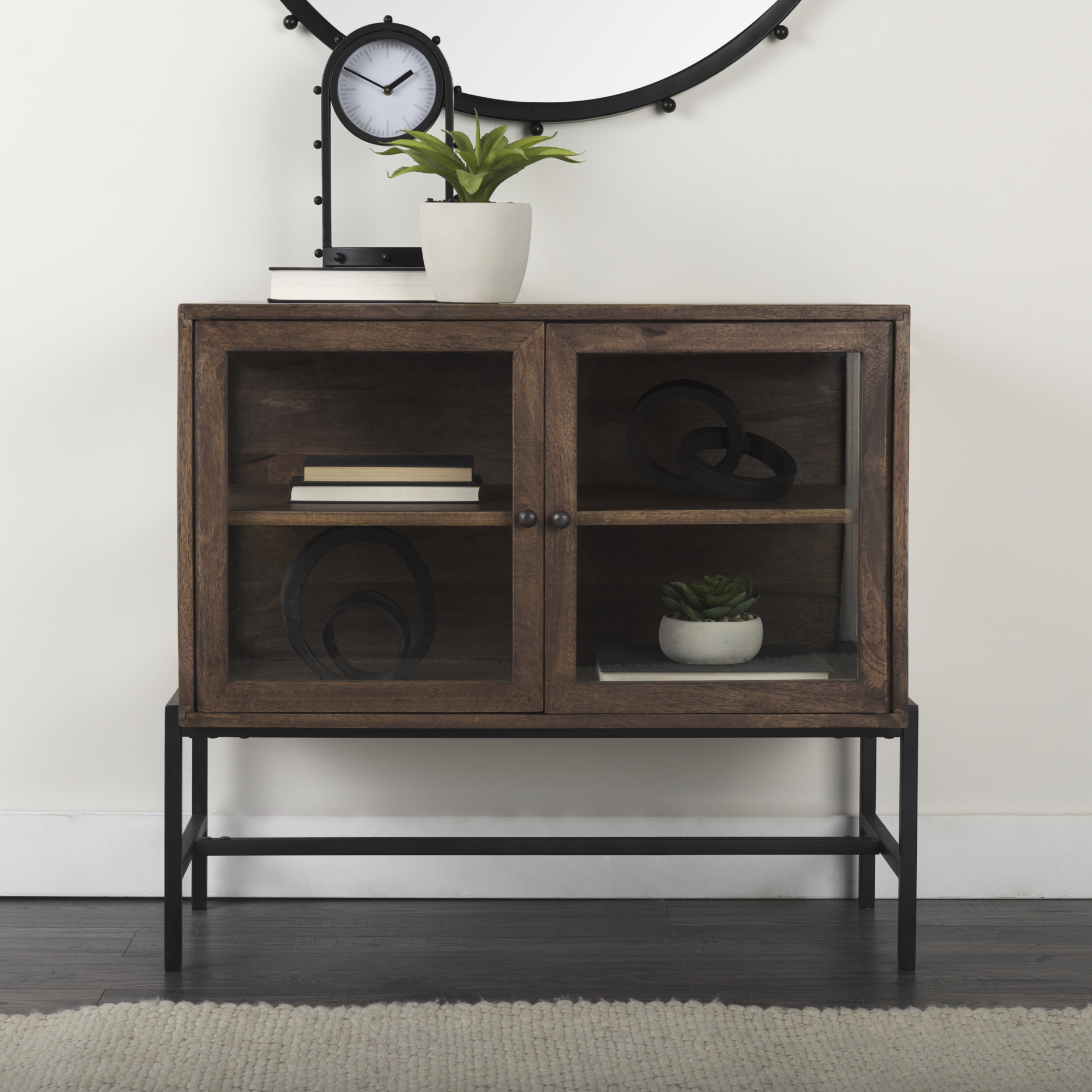 arelius 36l x 18w x 32h medium brown wood, black metal base w/ 2 glass doors accent cabinet