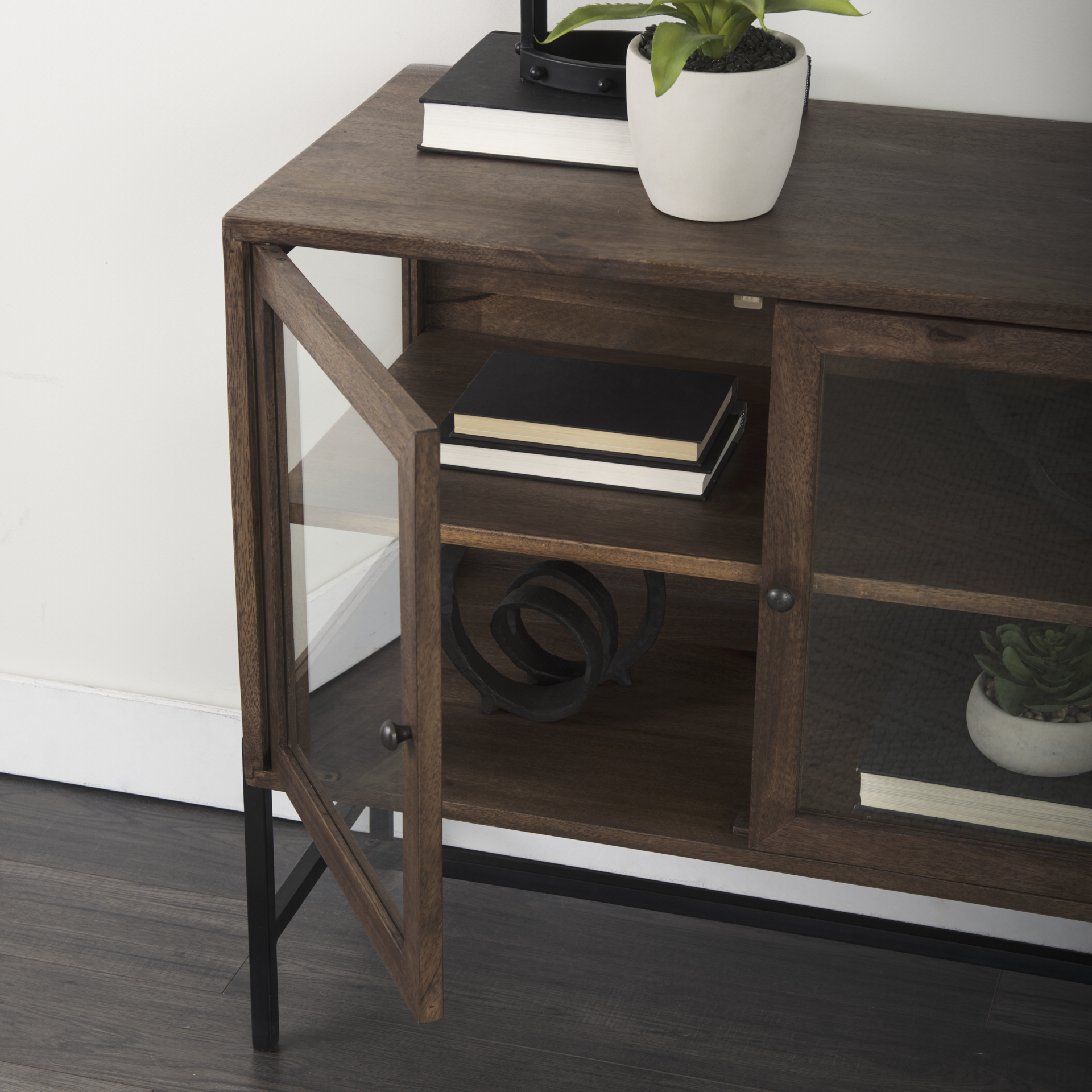 arelius 36l x 18w x 32h medium brown wood, black metal base w/ 2 glass doors accent cabinet