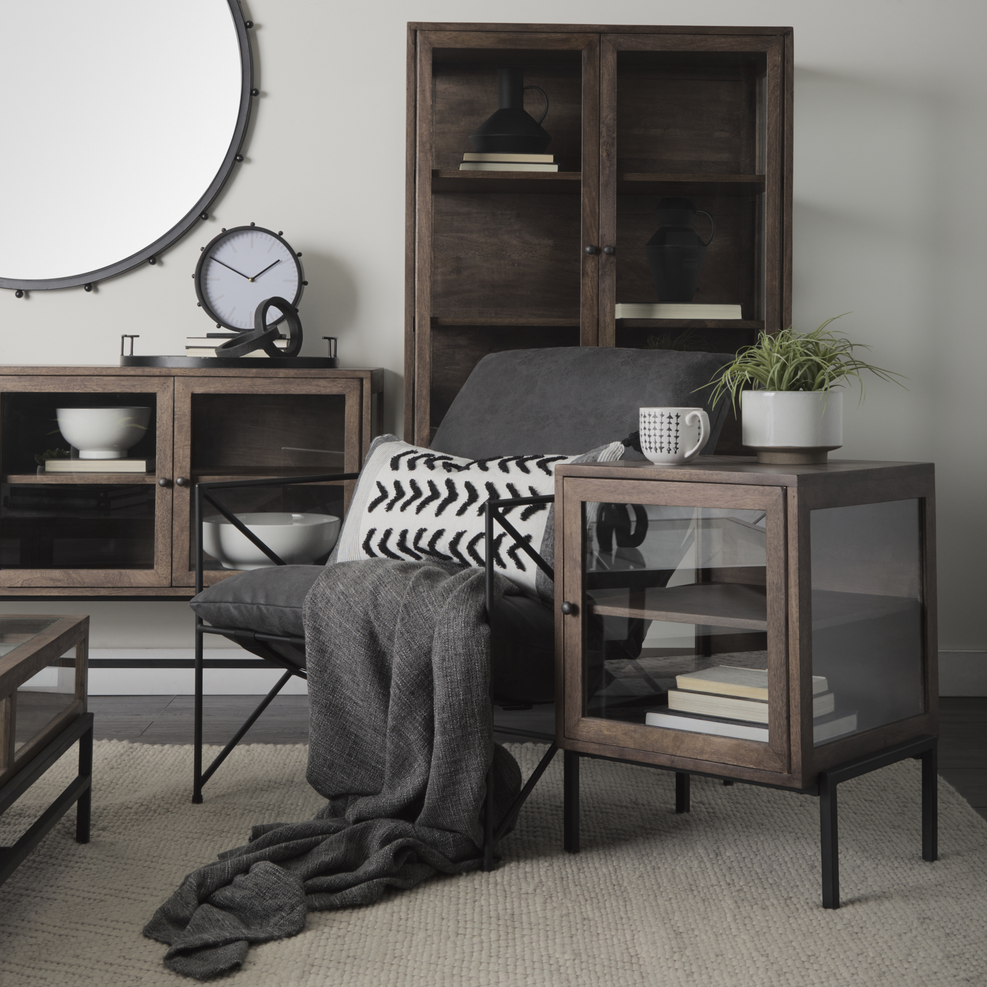 arelius 36l x 18w x 63h medium brown wood w/ black metal base display cabinet