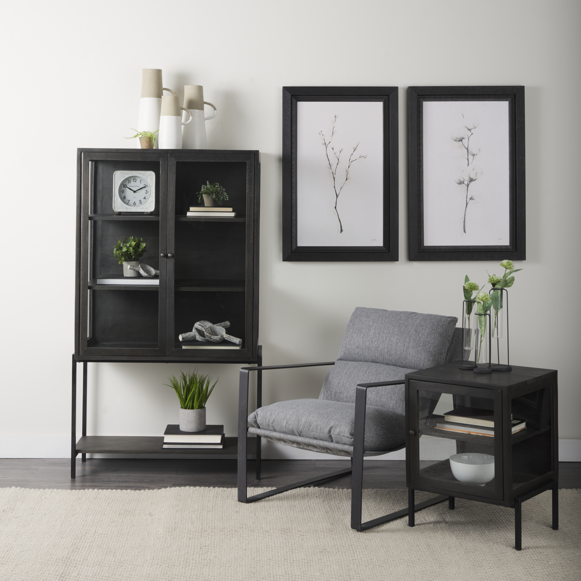 arelius 36l x 18w x 63h black-brown wood w/ black metal base display cabinet