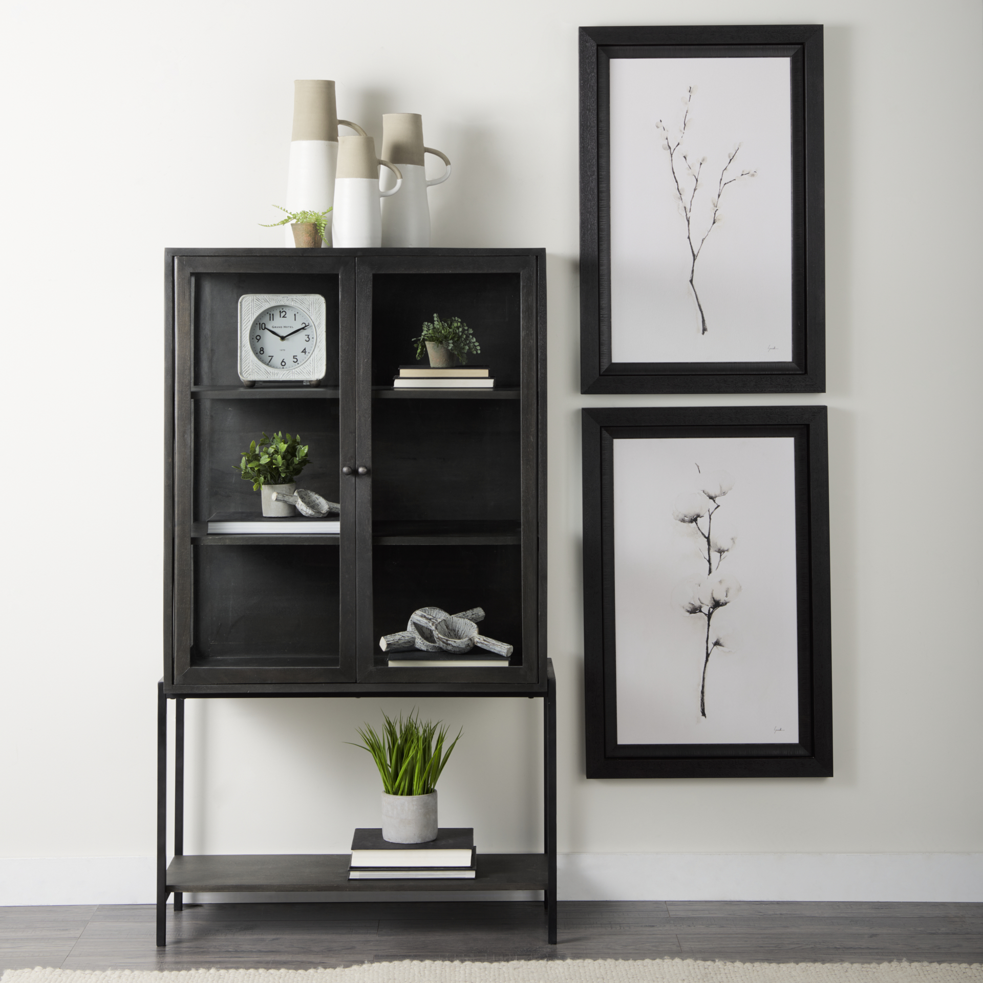 arelius 36l x 18w x 63h black-brown wood w/ black metal base display cabinet