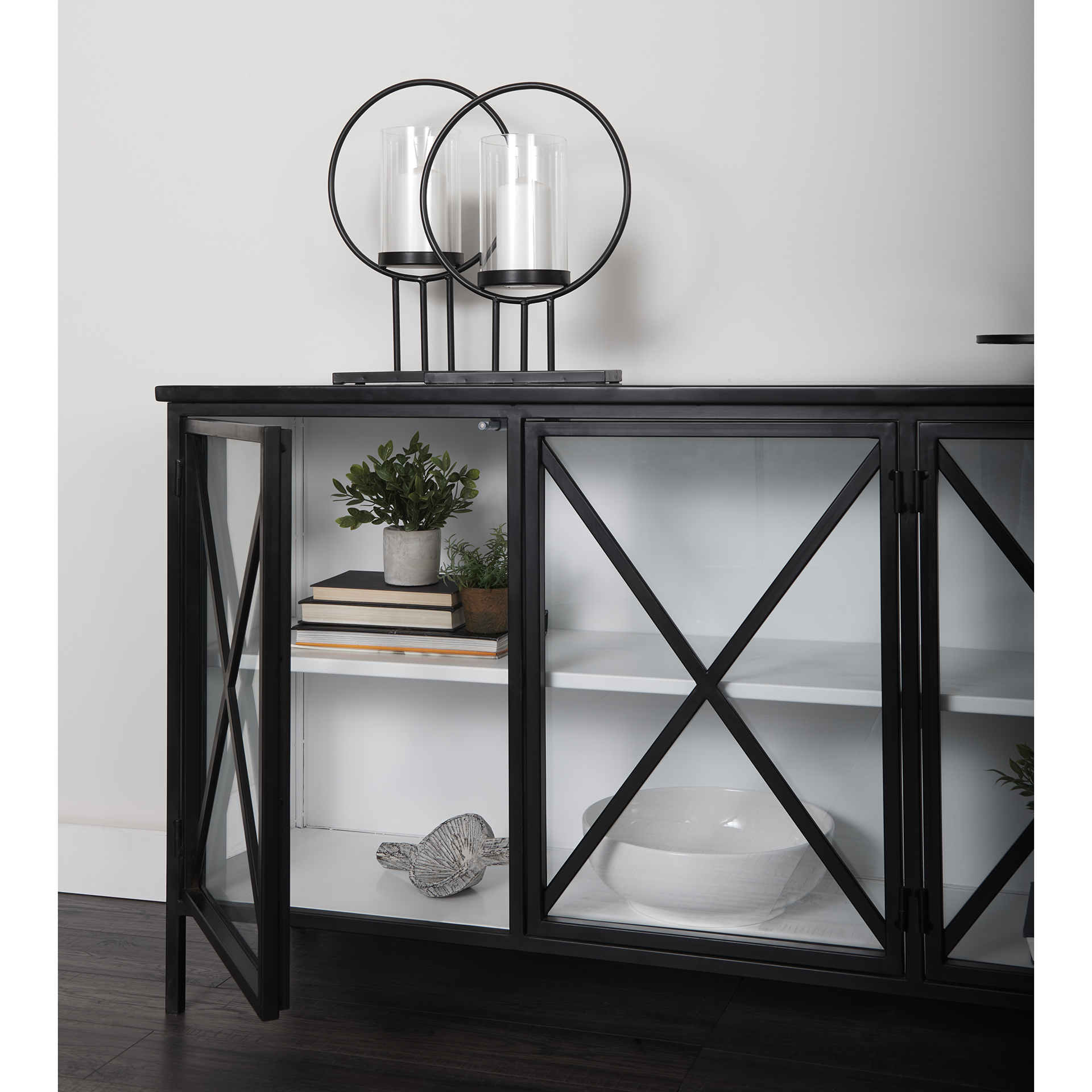 aurelia 79.0l x 16.0w x 33.0h black and white metal four door glass cabinet