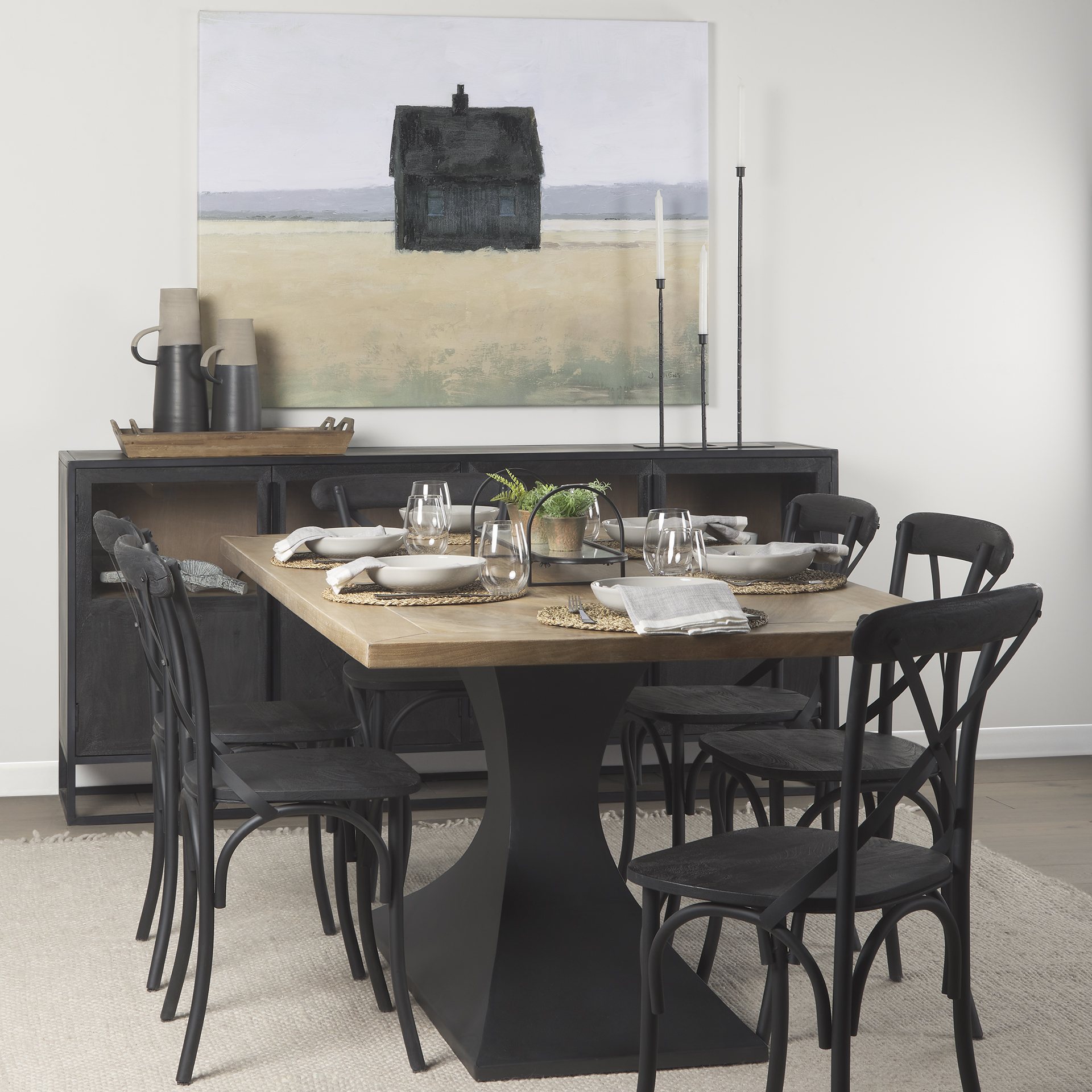 maxton light brown wood w/ dark gunmetal iron metal dining table